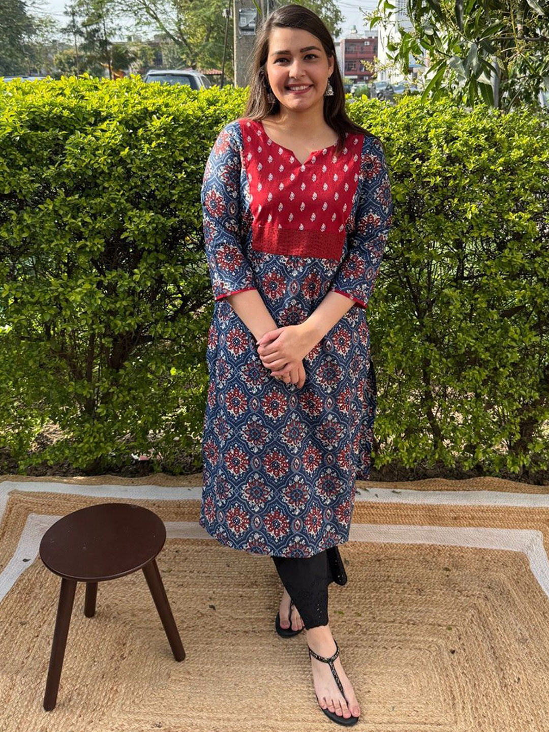 Sanskritam Floral Printed Notch Neck Patchwork Pure Cotton Straight Kurta