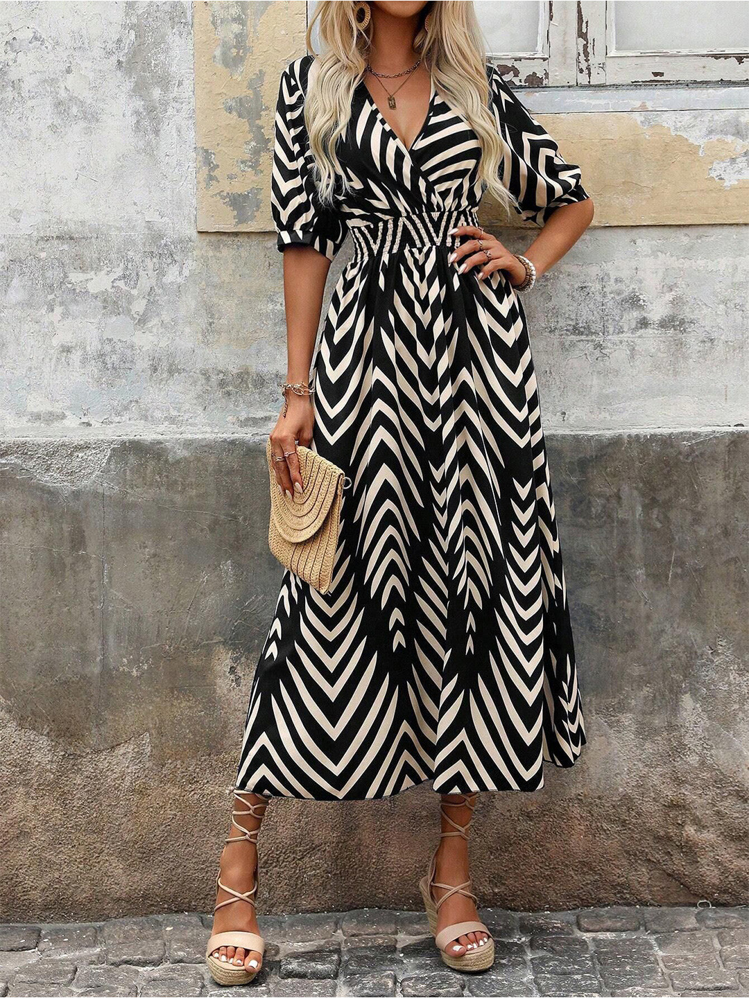 SZN Women Chevron Geometric Fit and Flare Midi Dress