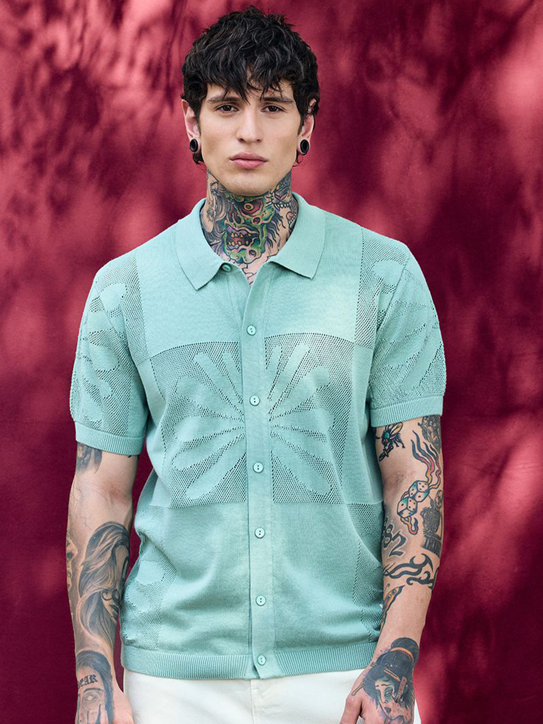 Snitch Bordeaux Mint Green Relaxed Fit Knitted Shirt