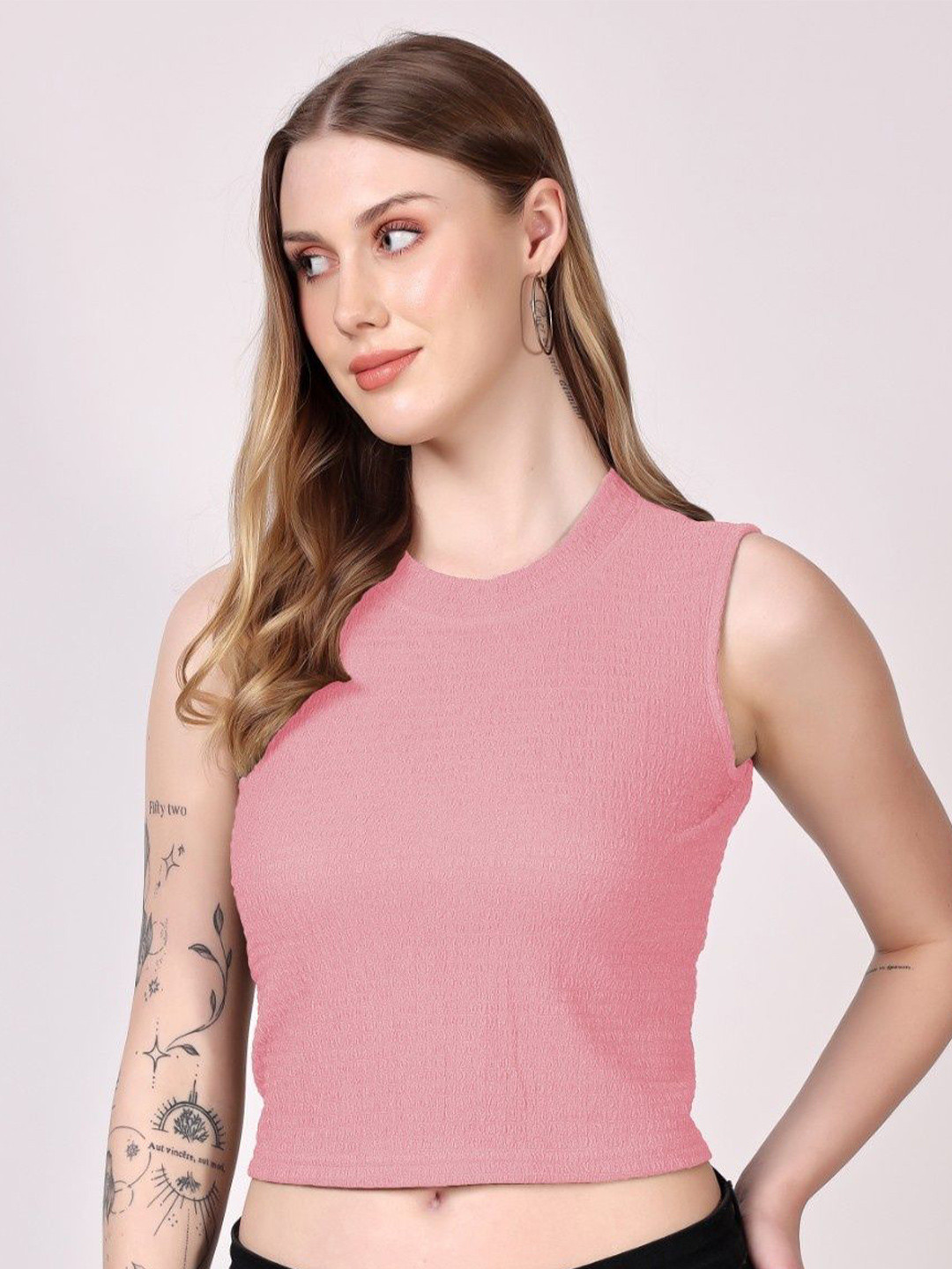 TQH Women Pink Textured Crop Tank Top - Casual Wear