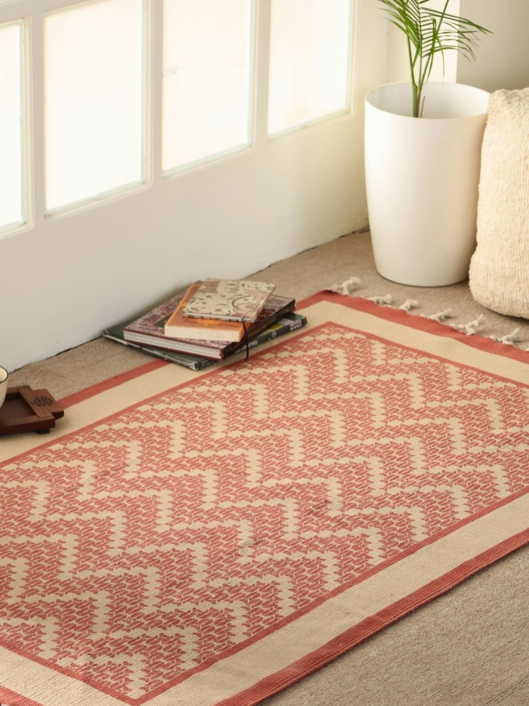 Peepul Tree Cream-Coloured Geometric Handmade Cotton Carpet