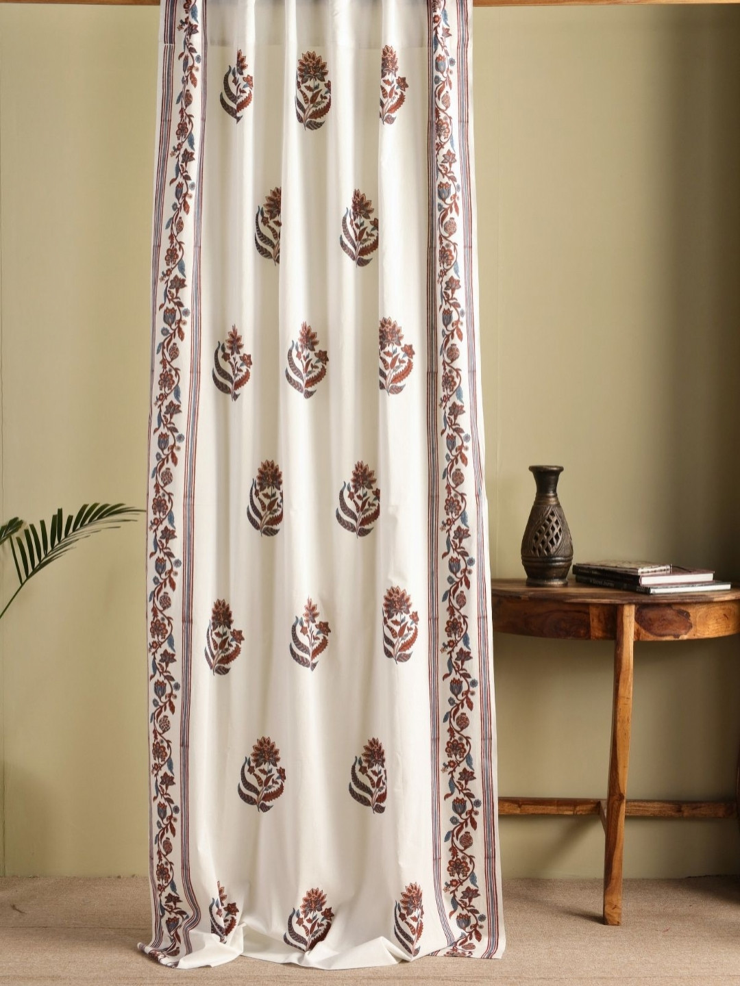Peepul Tree Chintz Cream & Brown Floral Printed Cotton Sheer Door Curtain