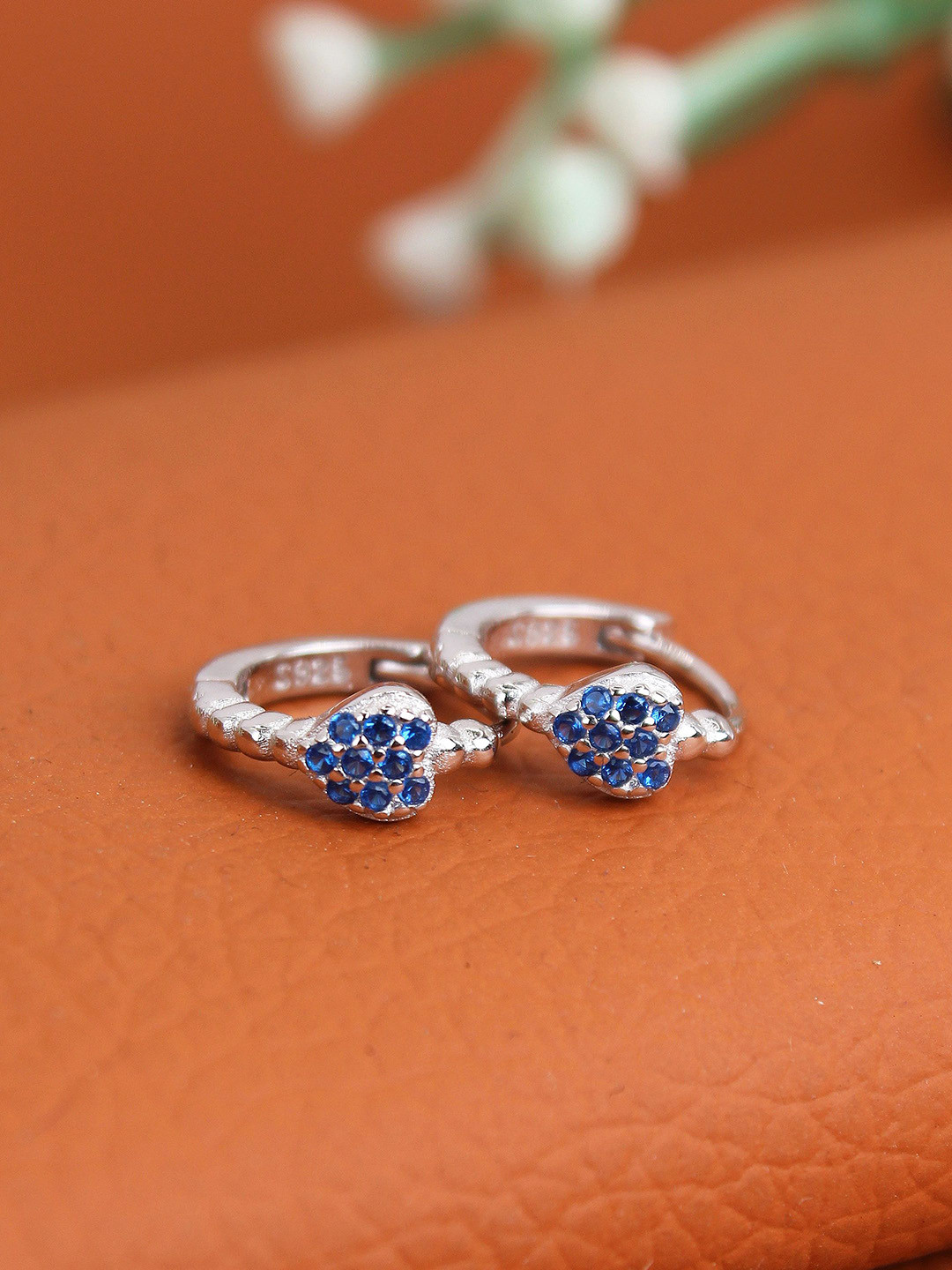 DEVASHREE 925 Silver Rhodium-Plated CZ & Sapphire Studded Heart Shaped Hoop Earrings