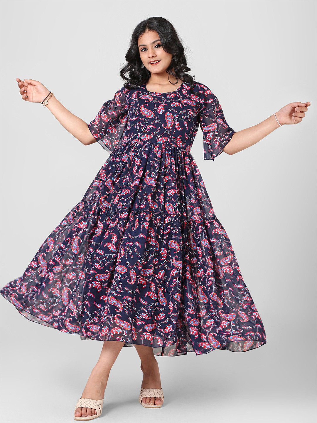 Aarya Designer Floral Print Flared Sleeve Georgette Fit & Flare Maxi Dress