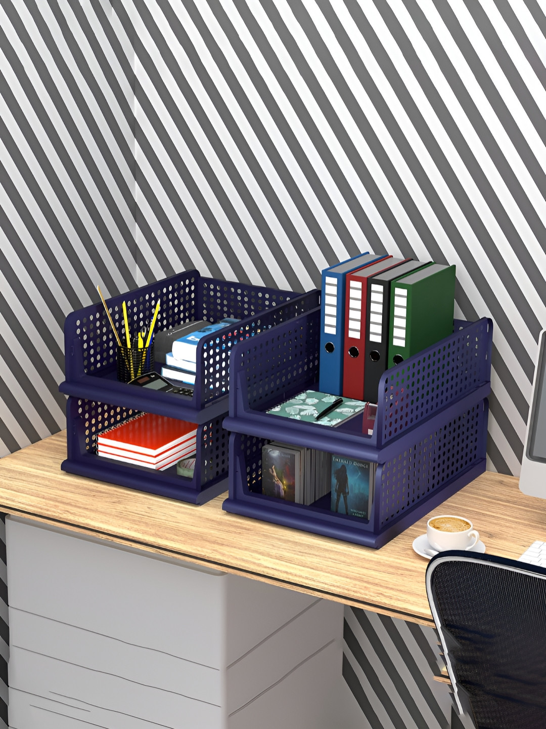 Aura Blue 4 Pieces Plastic Office Storage Box Desk Organisers