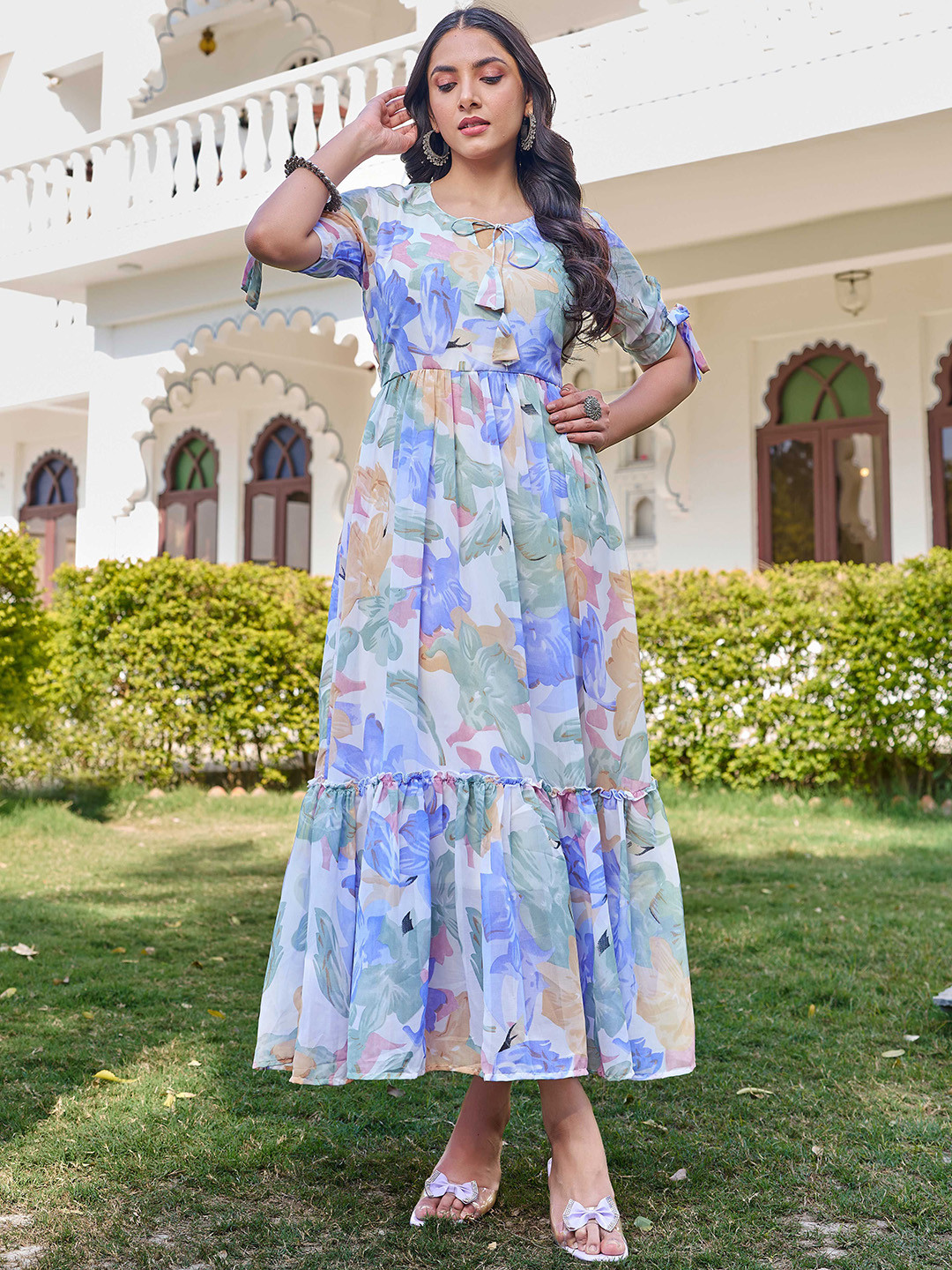 SHOPGARB Floral Printed Tie-Up Neck Fit And Flare Georgette Dress