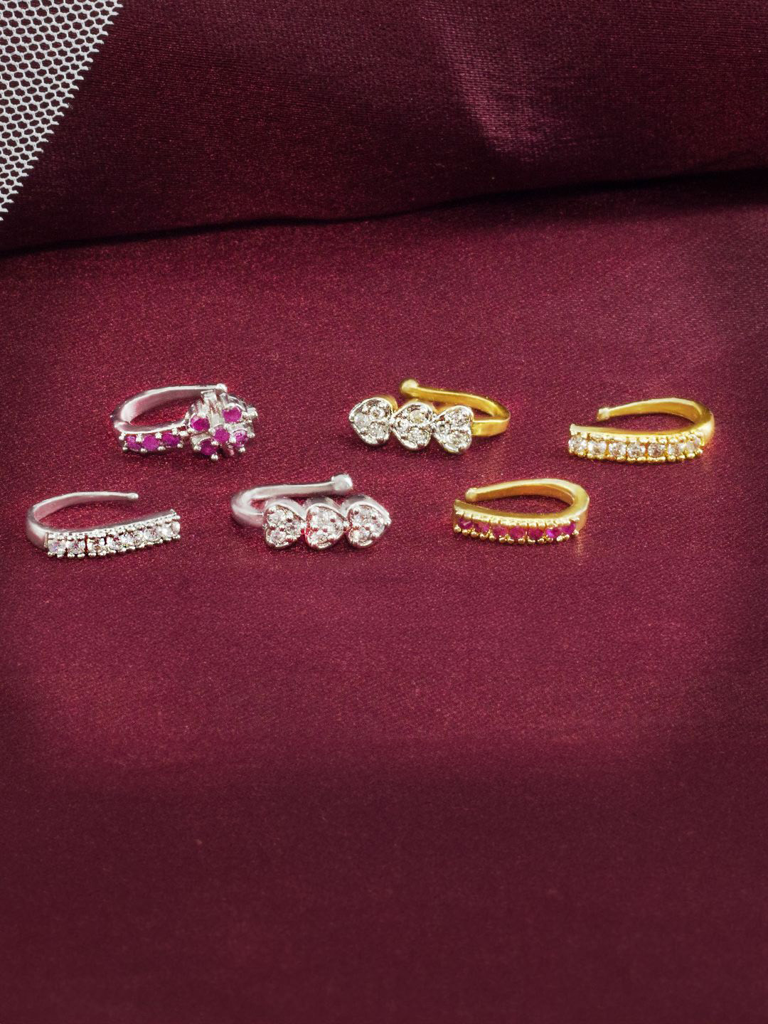 PRIVIU Set Of 6 Silver-Plated Artificial Stones Studded Nosepin