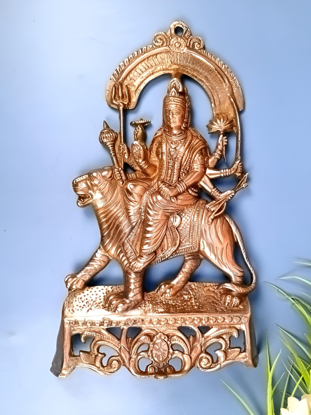 apka mart Bronze Goddess Durga With Shera Spiritual Wall Decor