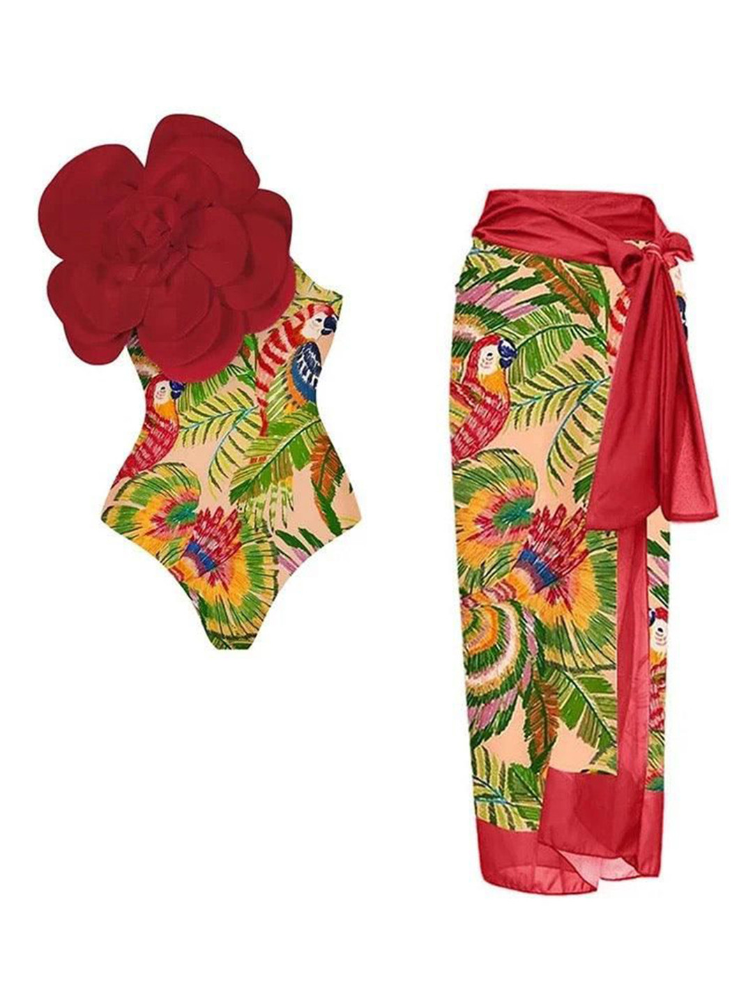 Miss Mosa By Akanksha  Tropical Printed Ruther Swimsuit With Sarong Skirt