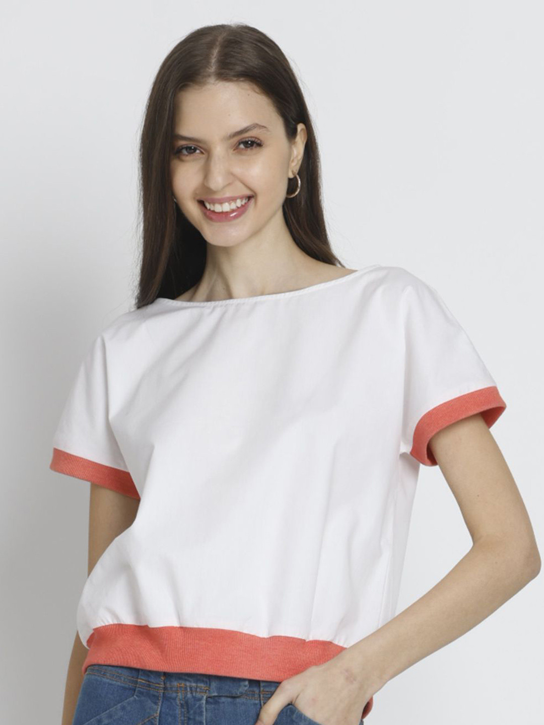 SHAYE White Boat Neck Solid Short Sleeves Casual Cotton Tops For Women