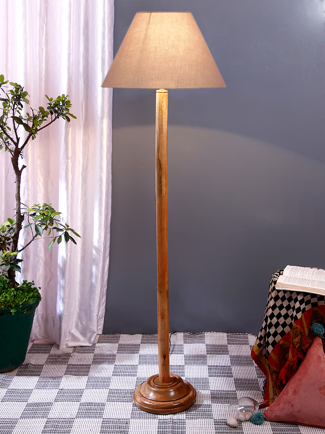 Devansh Grey & Brown Cotton Conical Shade Base Frustum Floor Lamps