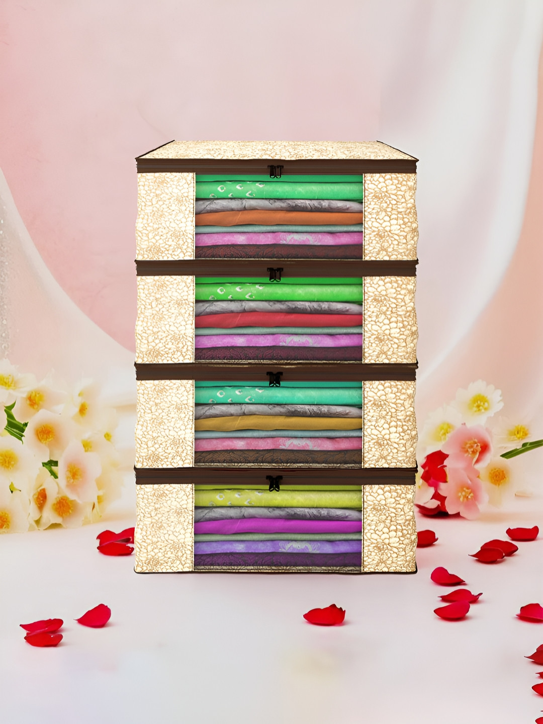 Aura Brown & White 4 Pieces Non-Woven Saree Cover 9 Inch Clothes Bag