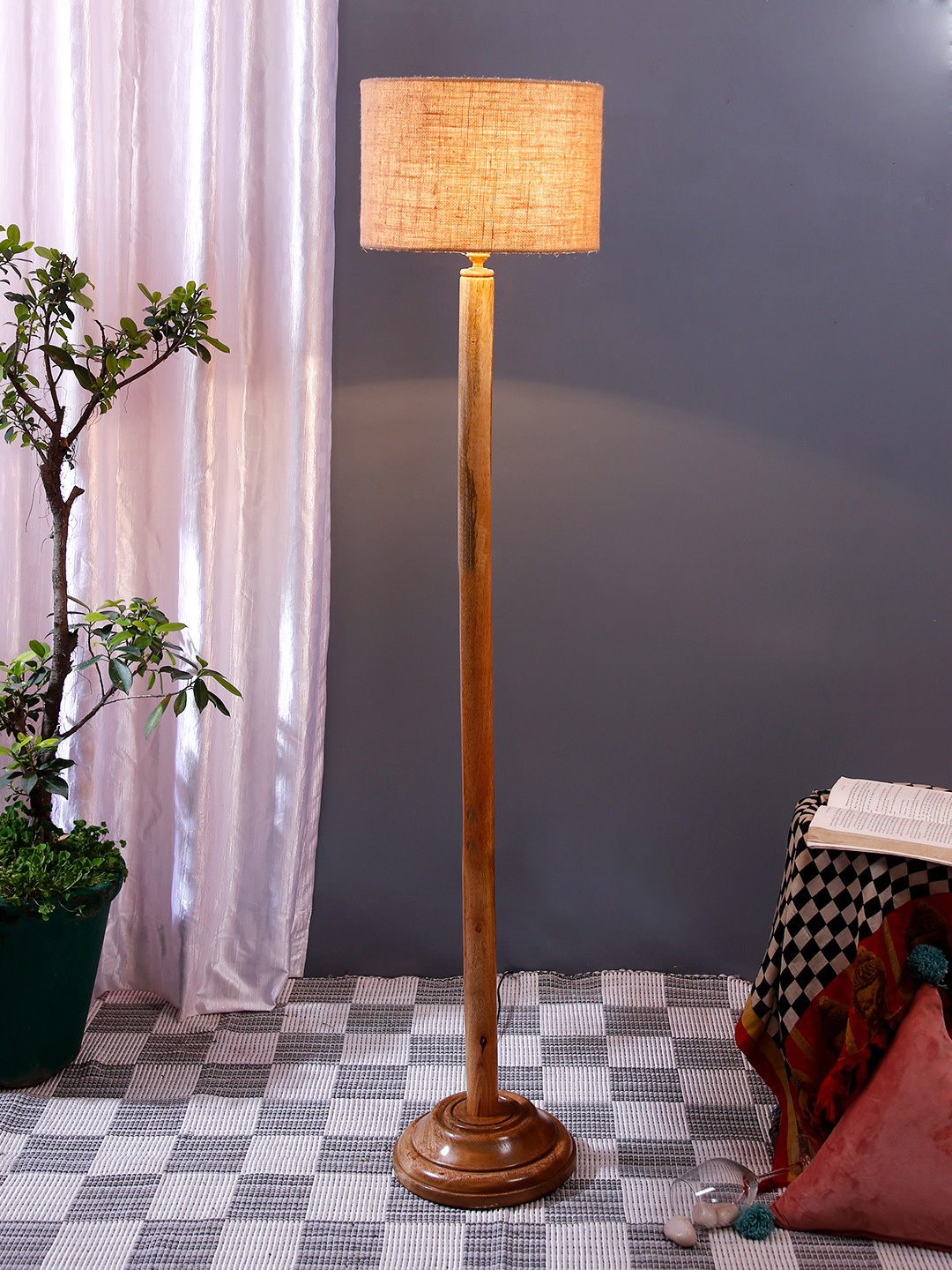 Devansh Brown & Beige Cylinder Shape Floor Lamp With Wooden Base
