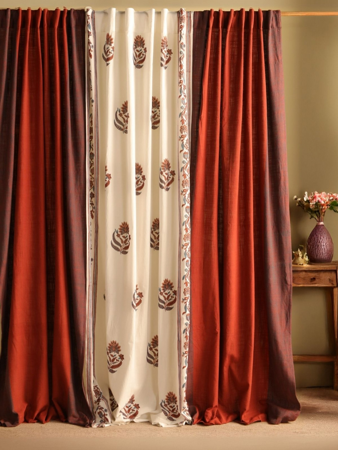 Peepul Tree Set of 3 Cream & Red Floral Sheer Cotton Door Curtain -7ft