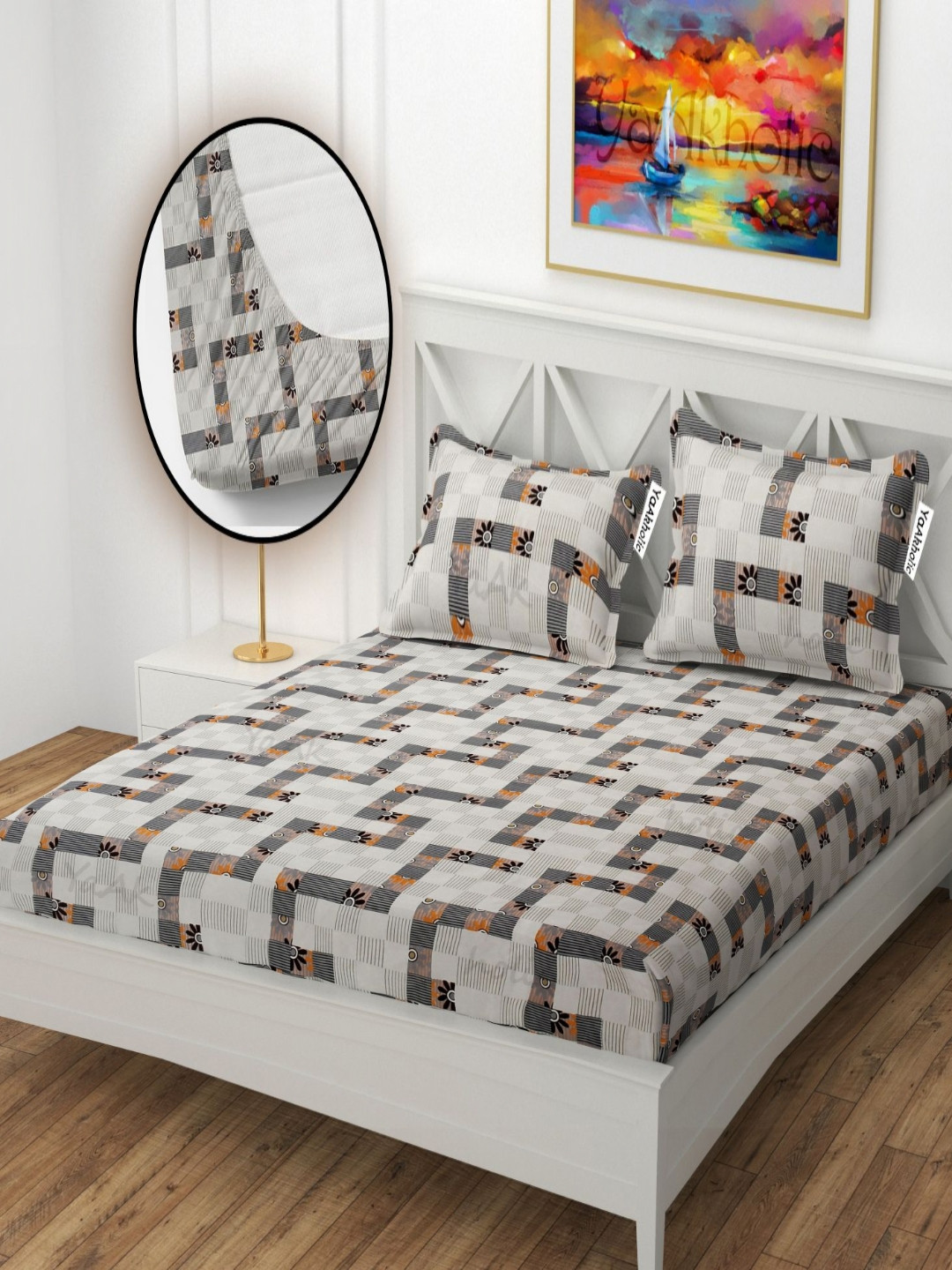 YaAkholic White Geometric Microfiber Wrinkle Free 210 TC Fitted King Fine Bedsheet with 2 Pillow Covers-78 x 71 inches