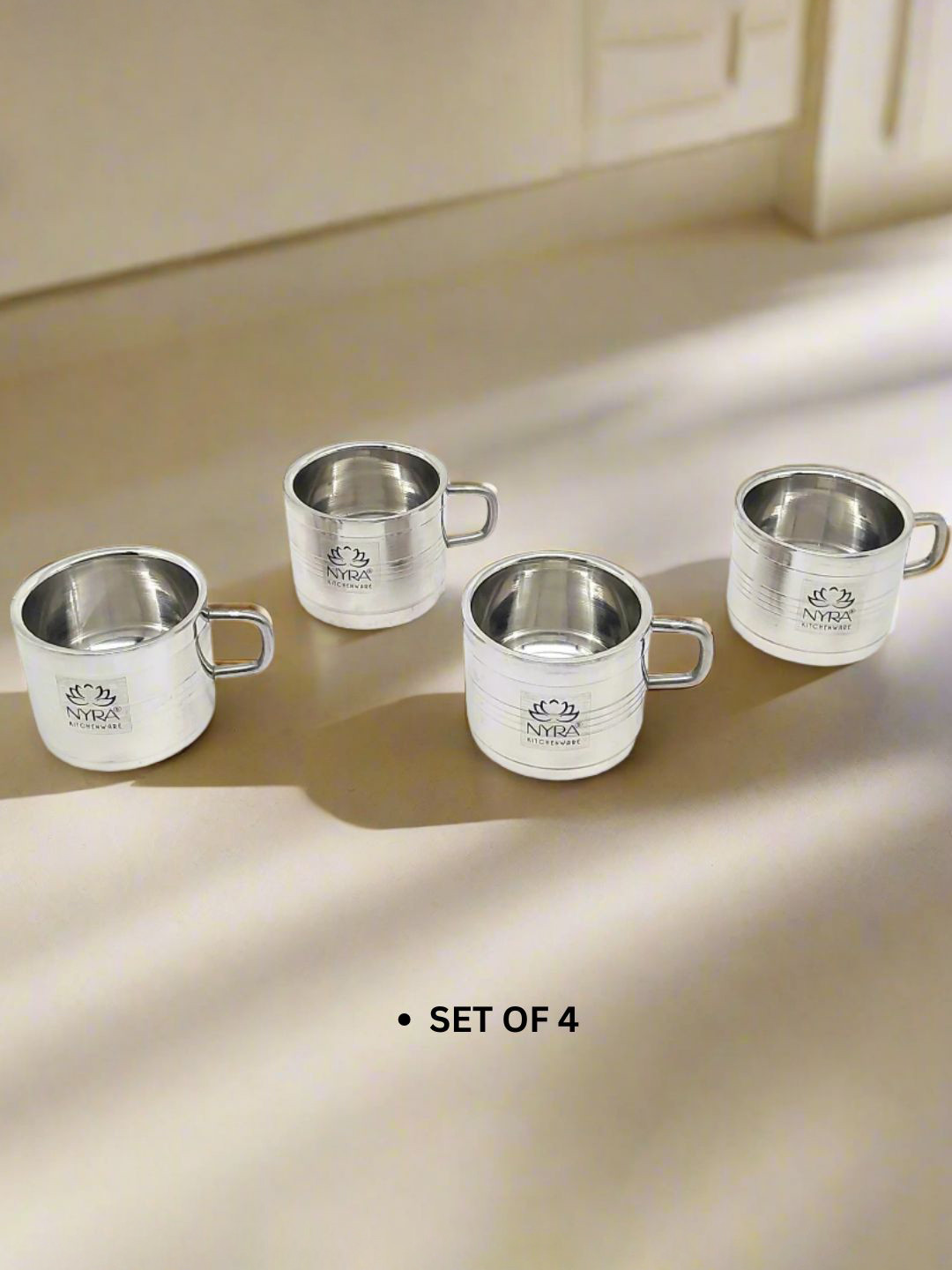 Nyra Kitchenware Zest Steel Typography Stainless Steel Handmade 4 Piece Cups-100ml