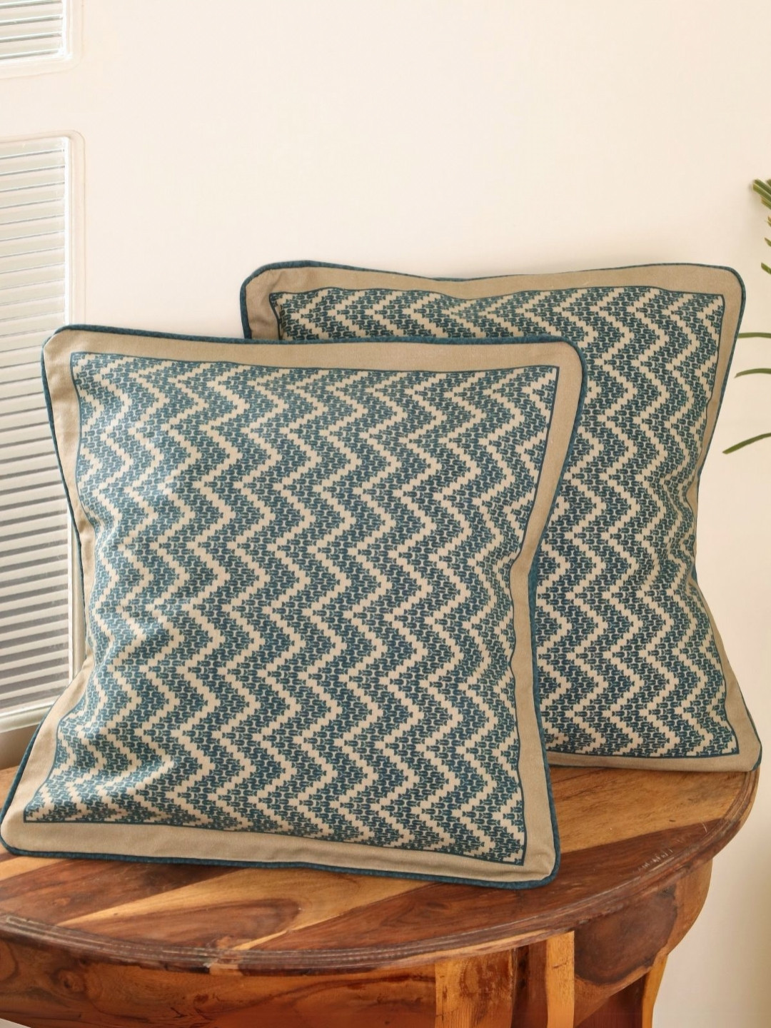 Peepul Tree Cream-Coloured & Blue Set of 2 Geometric Square Cushion Covers