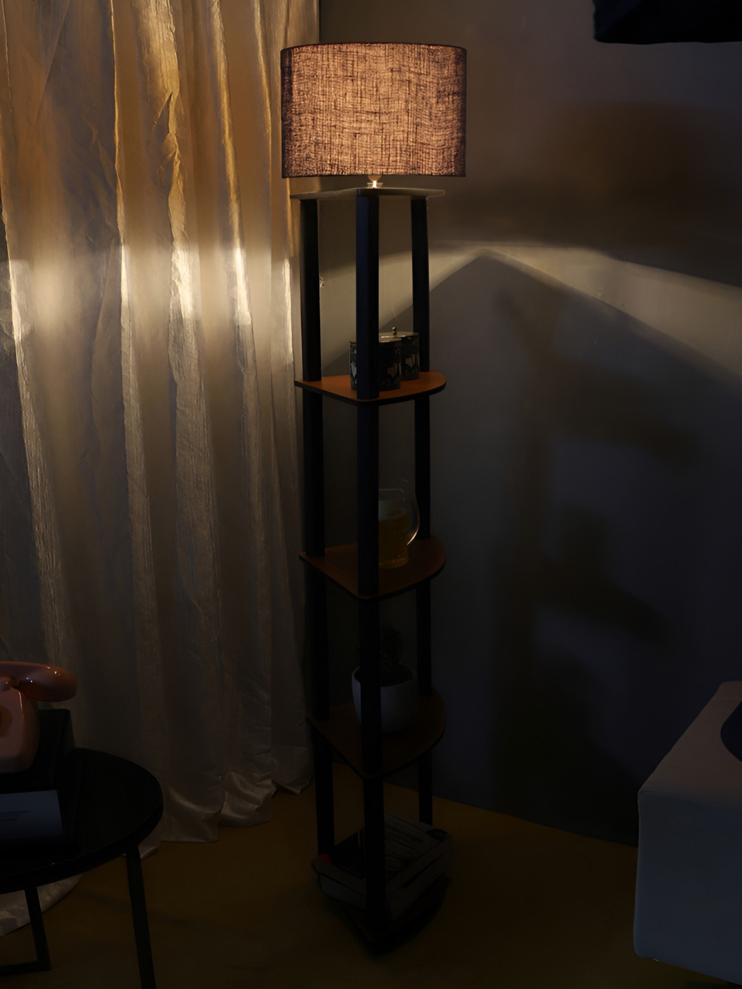 Devansh Blue & Black Jute Wooden Shelf Floor Lamp