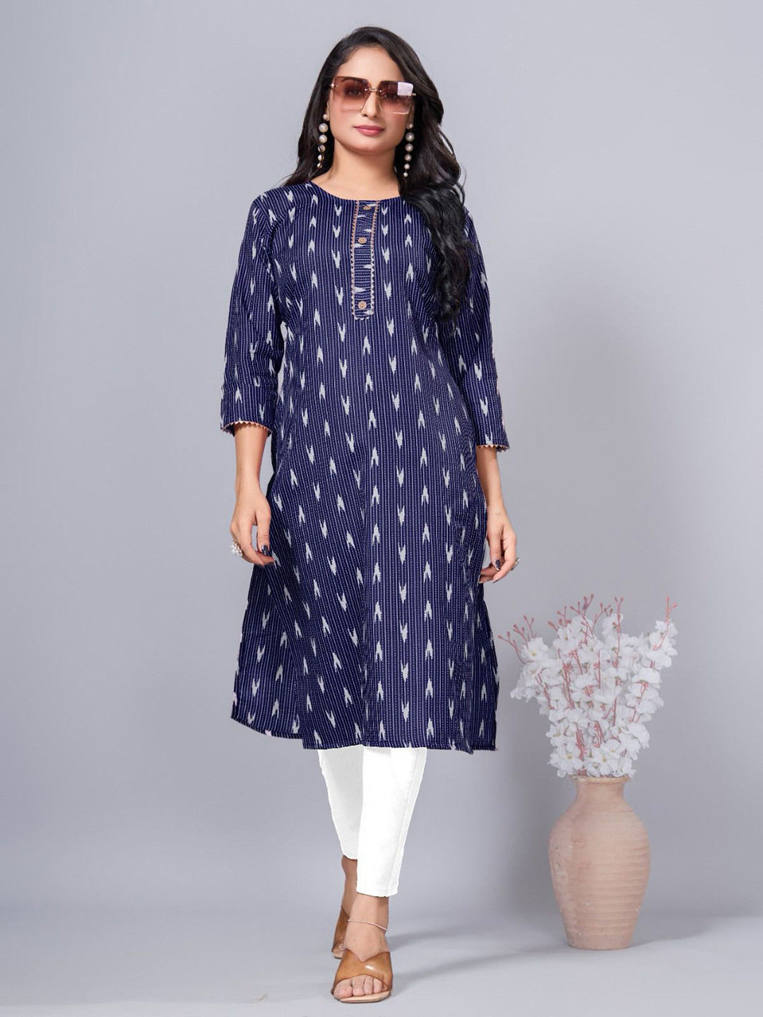 SIMPLYETHNIC Printed Round Neck Cotton Straight Kurta
