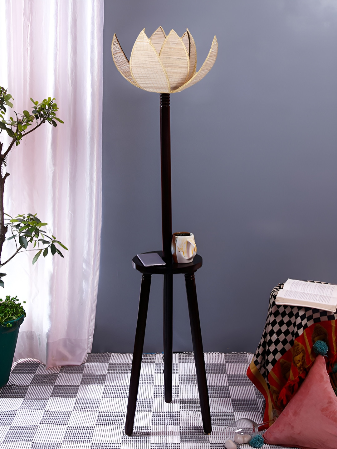 Devansh Brown & Beige Wooden lotus Floor Lamp