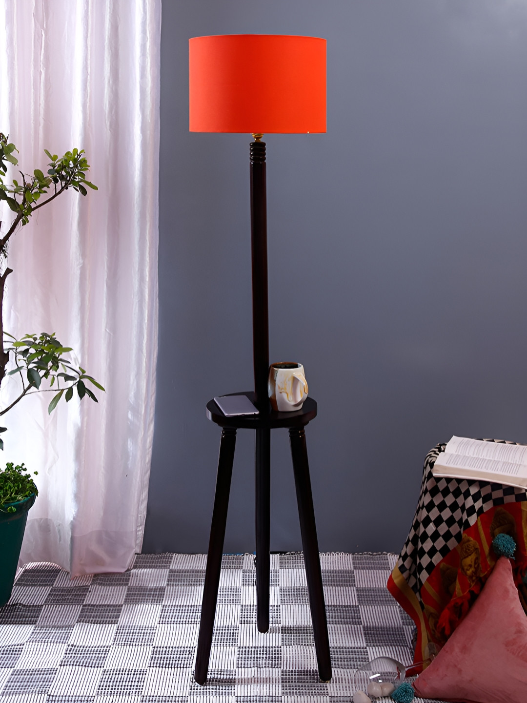 Devansh Brown & Orange Cylinder Shaped Wooden Floor Lamp With Shelf