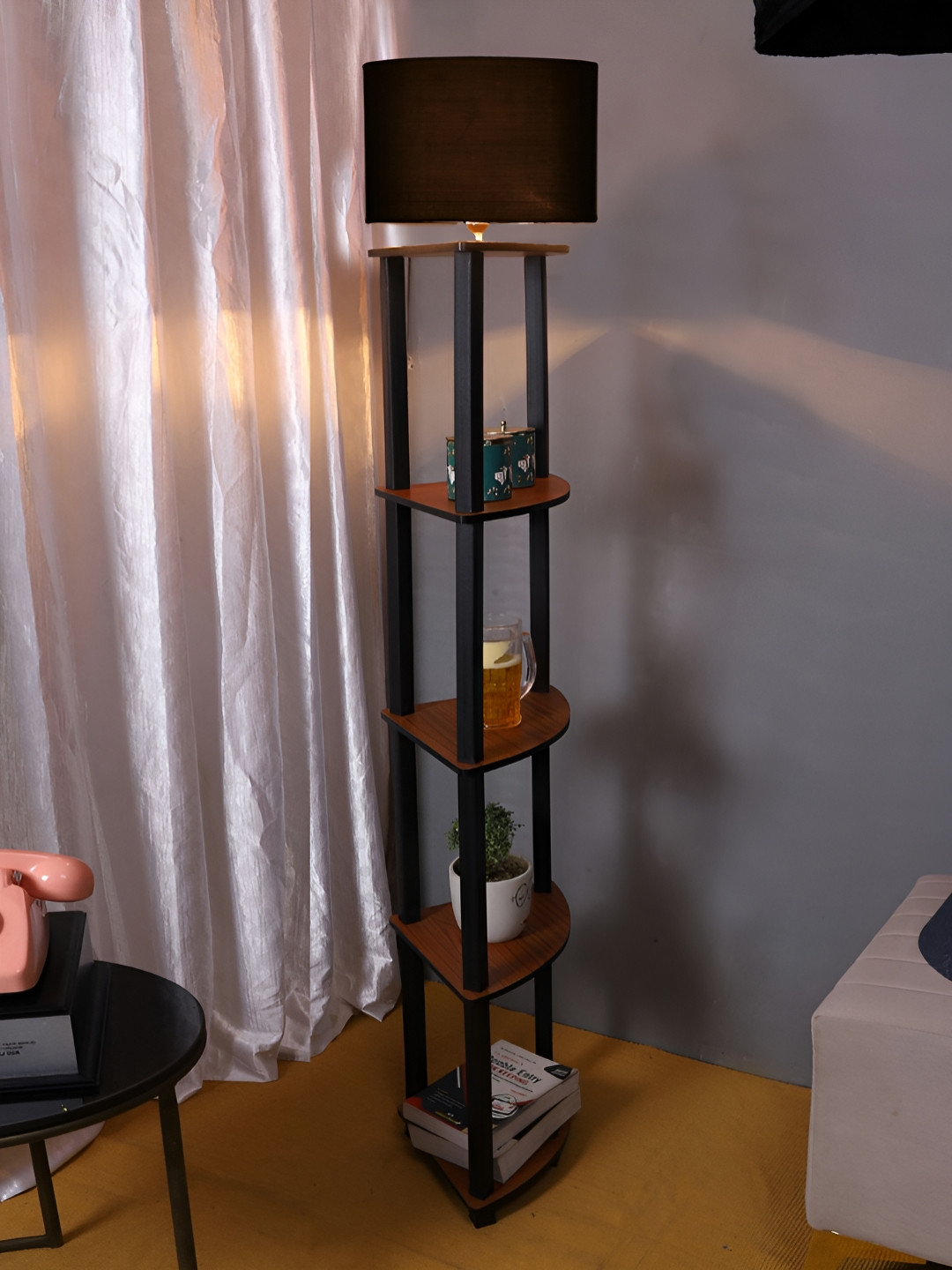 Devansh Black And Brown Cylinder Shaped Wooden Floor Lamp With Shelves