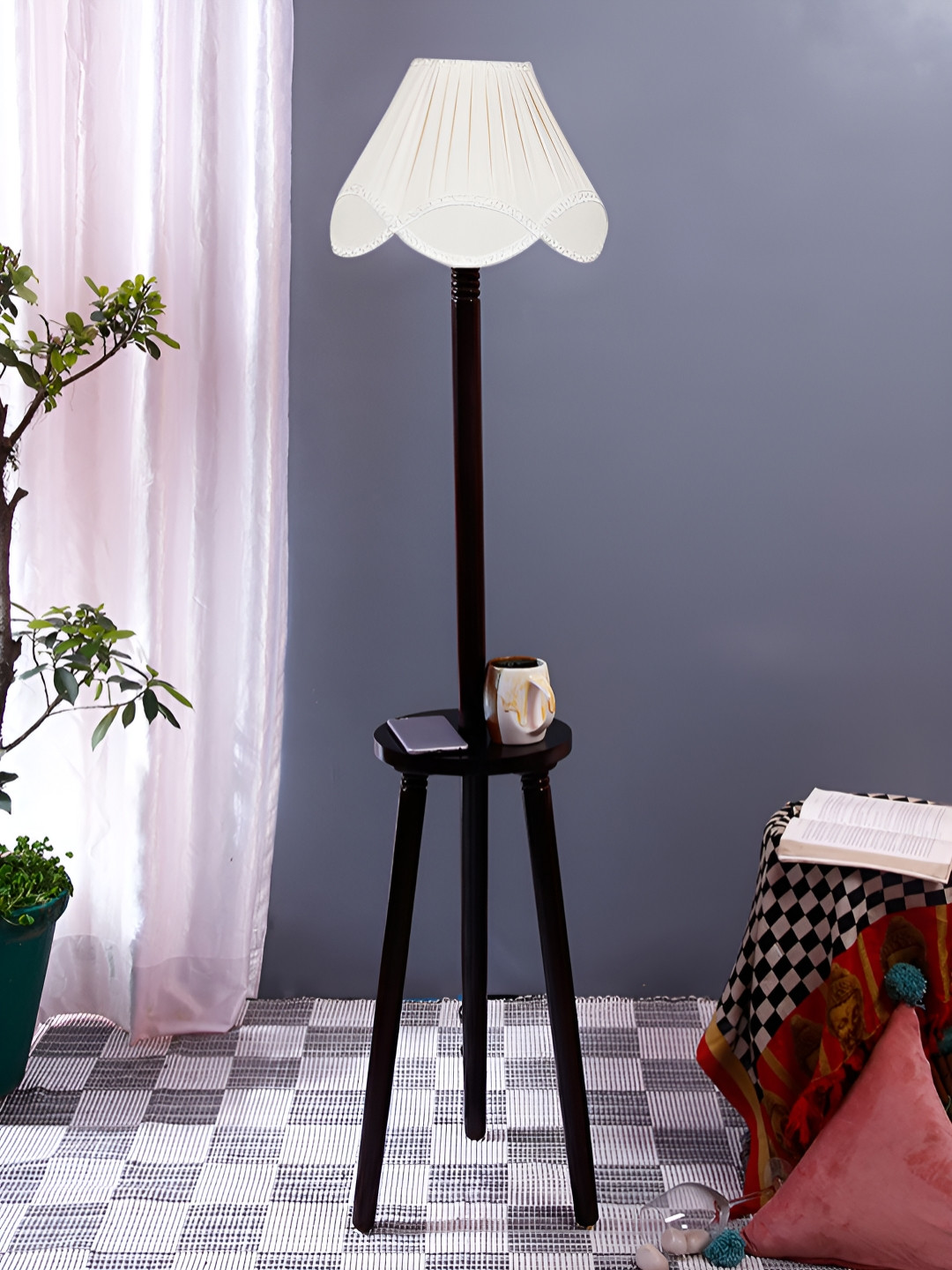 Devansh Brown & White Textured Cotton Shade Frustum Shaped Wooden Floor Lamp