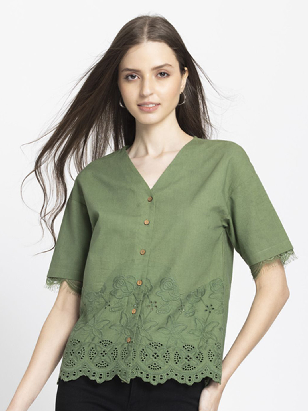 SHAYE Women Cotton V-Neck Self Design Casual Shirt