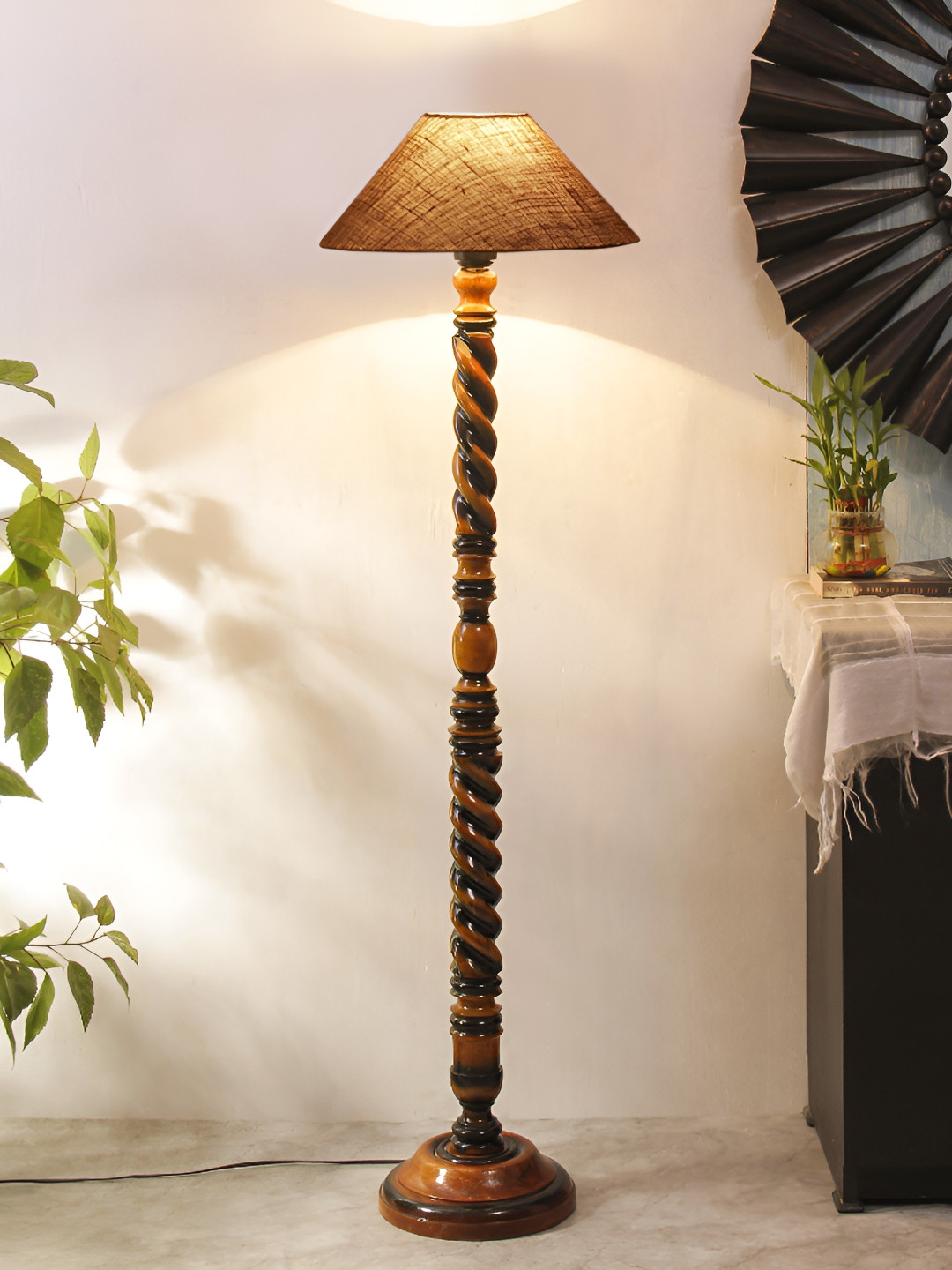 Devansh Brown & Black Textured Cotton Conical Open Snake Wooden Floor Lamp
