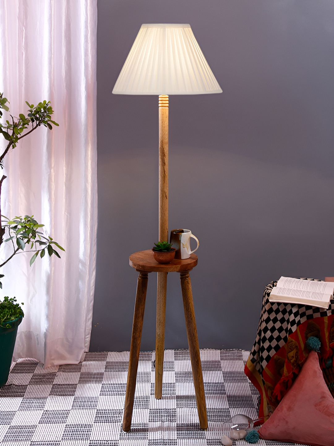 Devansh Brown & White Textured Cotton Straight Pleated Frustum Shaped Wooden Floor Lamp