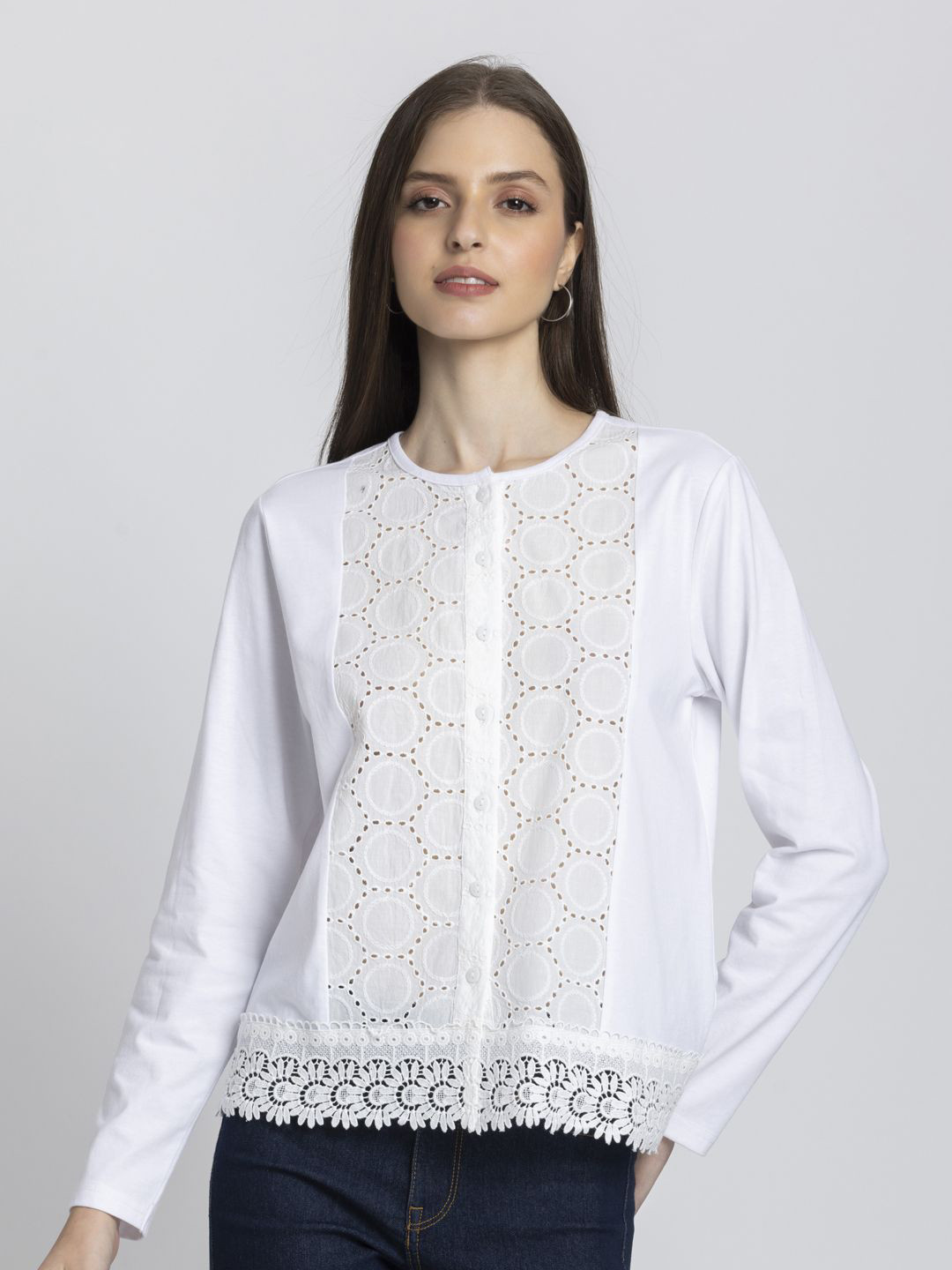 SHAYE Women Textured Schiffli Shirt Style Top