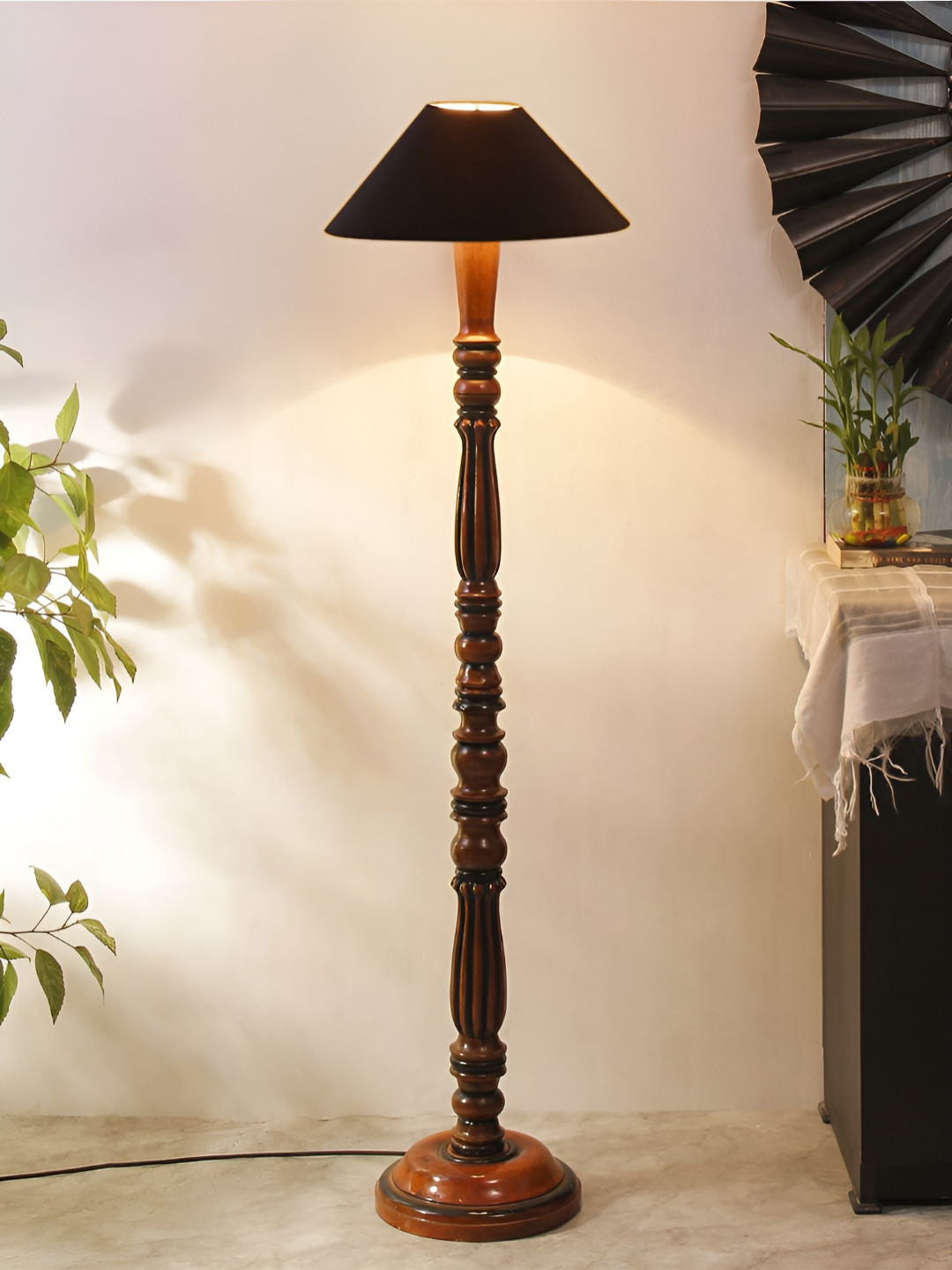 Devansh Brown & Black Wooden Floor Lamp With Shade