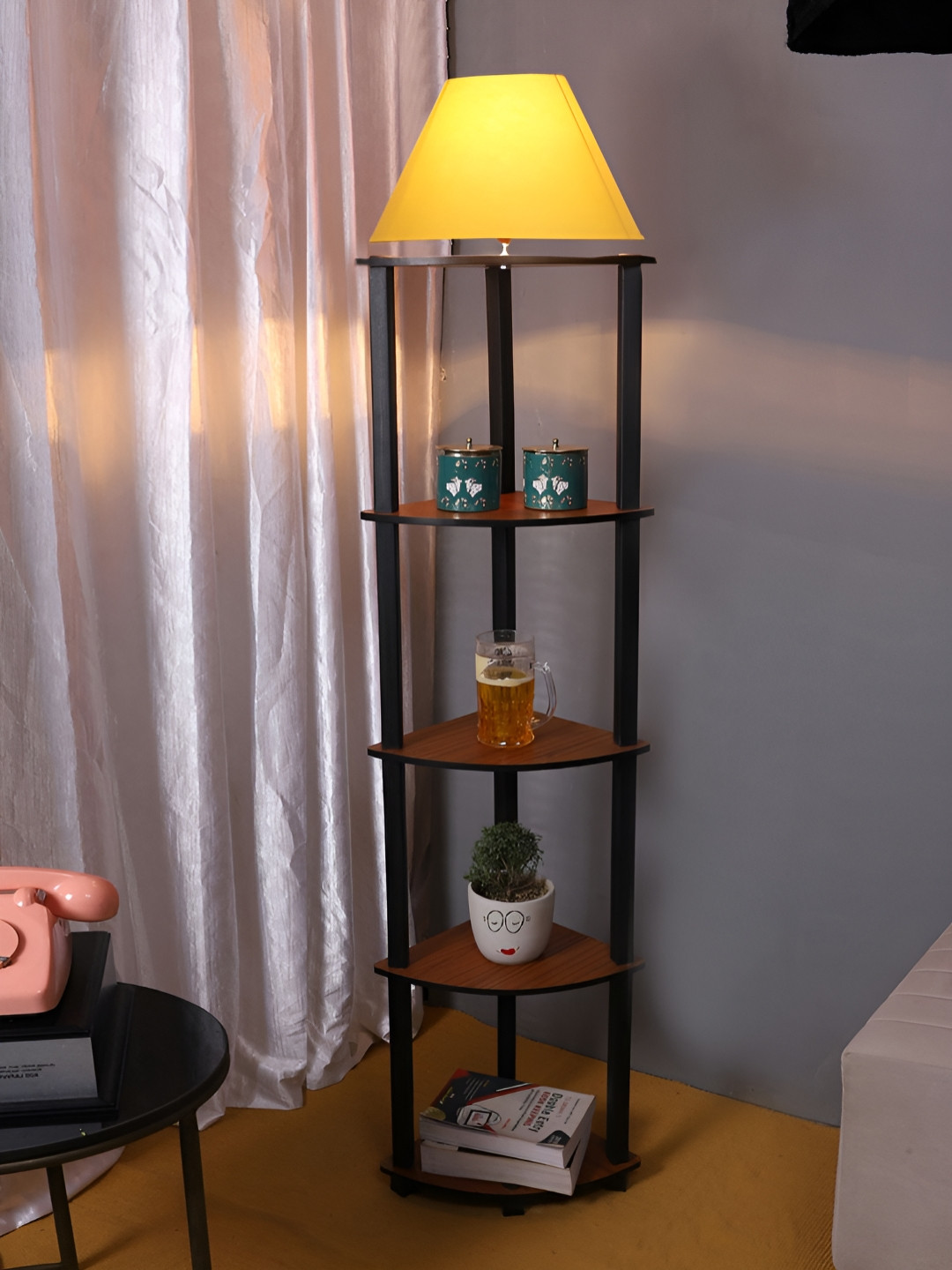 Devansh Yellow & Brown Frustrum Shaped Wooden Floor Lamp With Shelves
