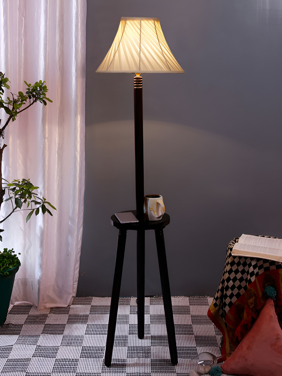 Devansh Brown & White Cross Pleated Cotton Frustum Shaped Wooden Floor Lamp