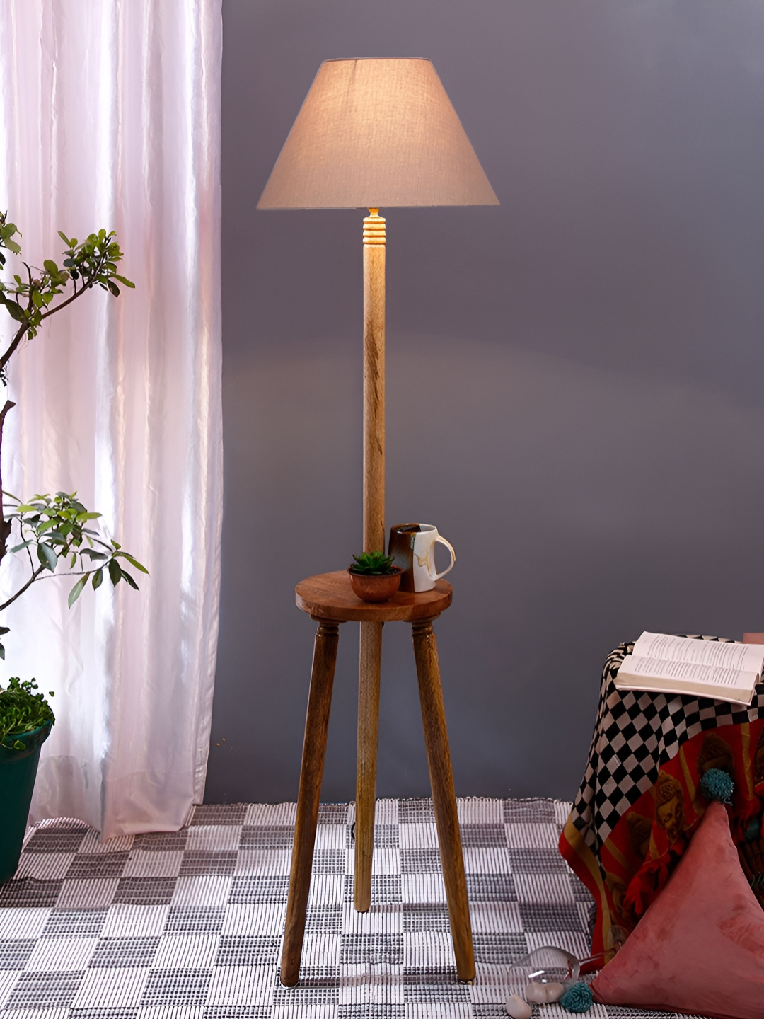 Devansh Brown & Grey Frustum Shaped Wooden Floor Lamp With Shelf