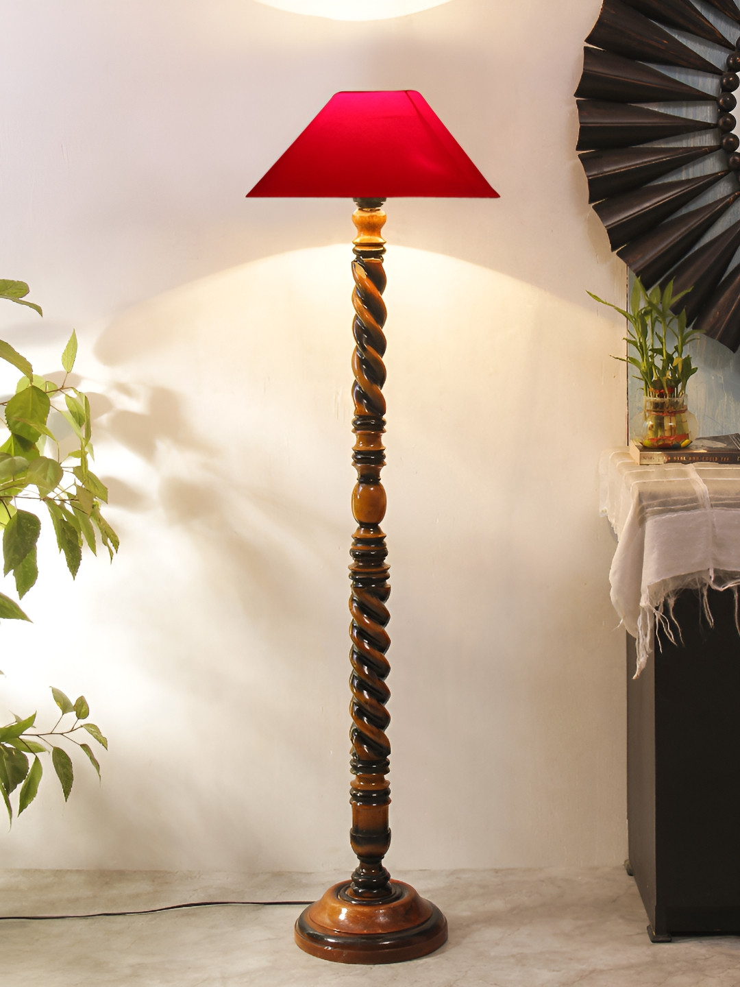 Devansh Brown & Red Textured Jute Conical Wooden Floor Lamp