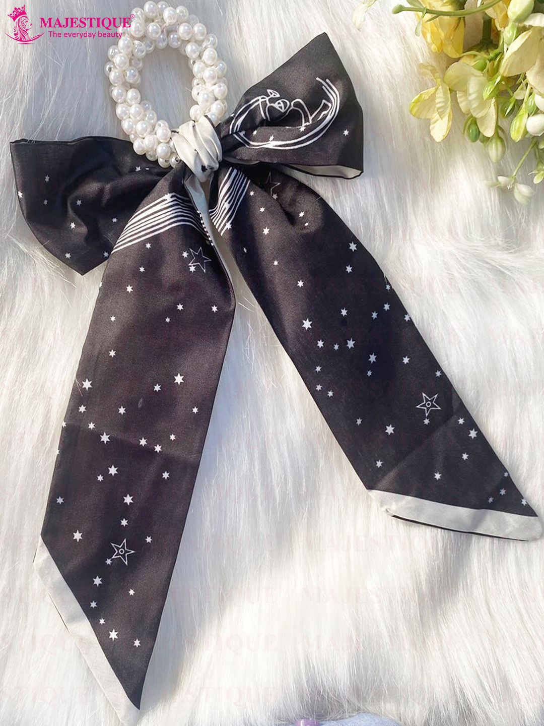 Majestique Set of 1 Green Printed Satin Scarf Hair Scrunchies With Pearl Rubber Band