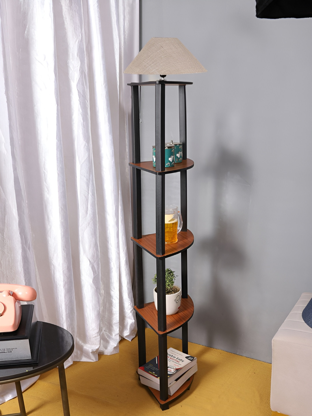 Devansh Beige & Brown Frustrum Shaped Jute Wooden Floor Lamp With Shelves