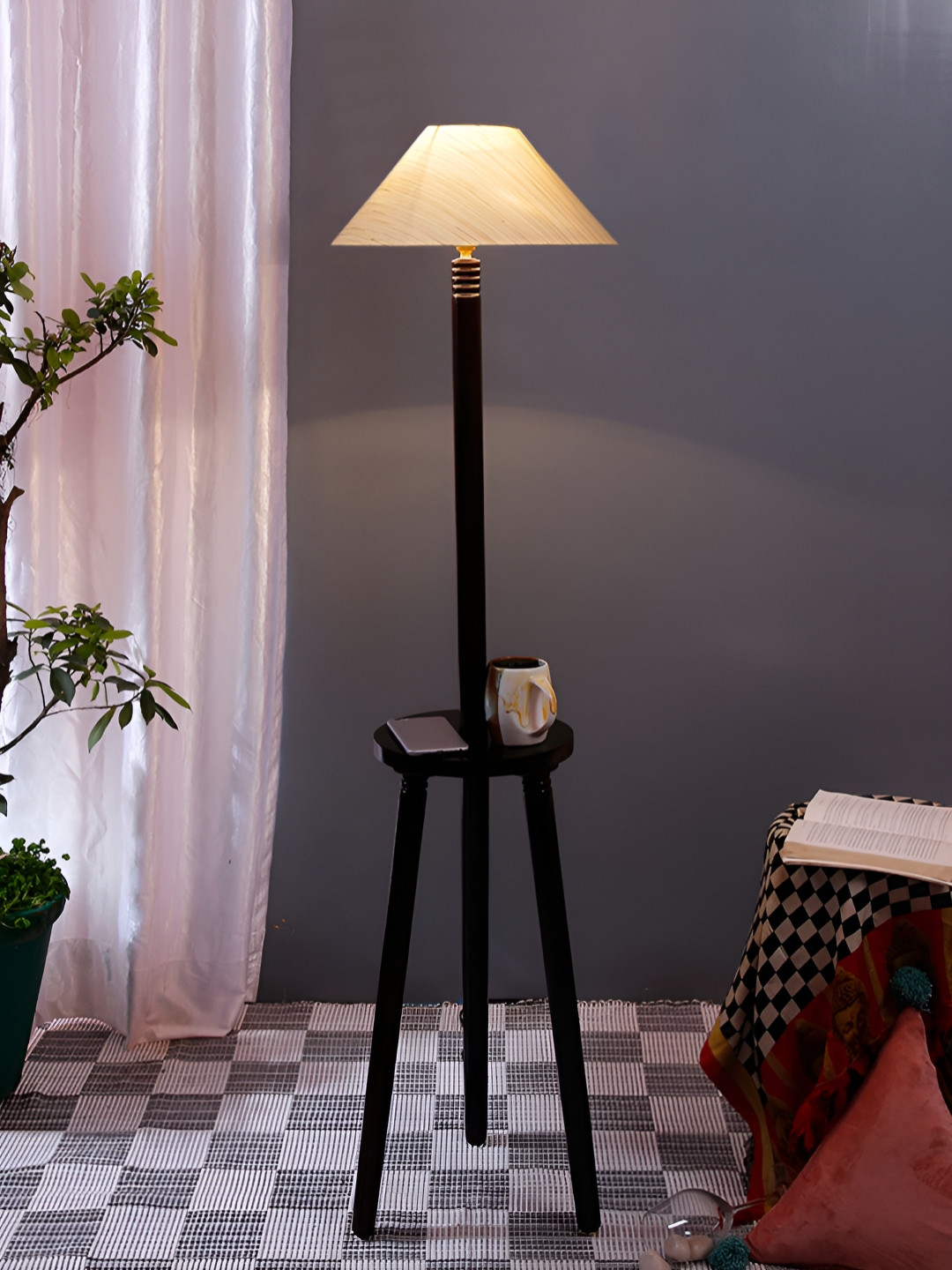 Devansh White & Brown Frustrum Shaped Wooden Floor Lamp With Shelf