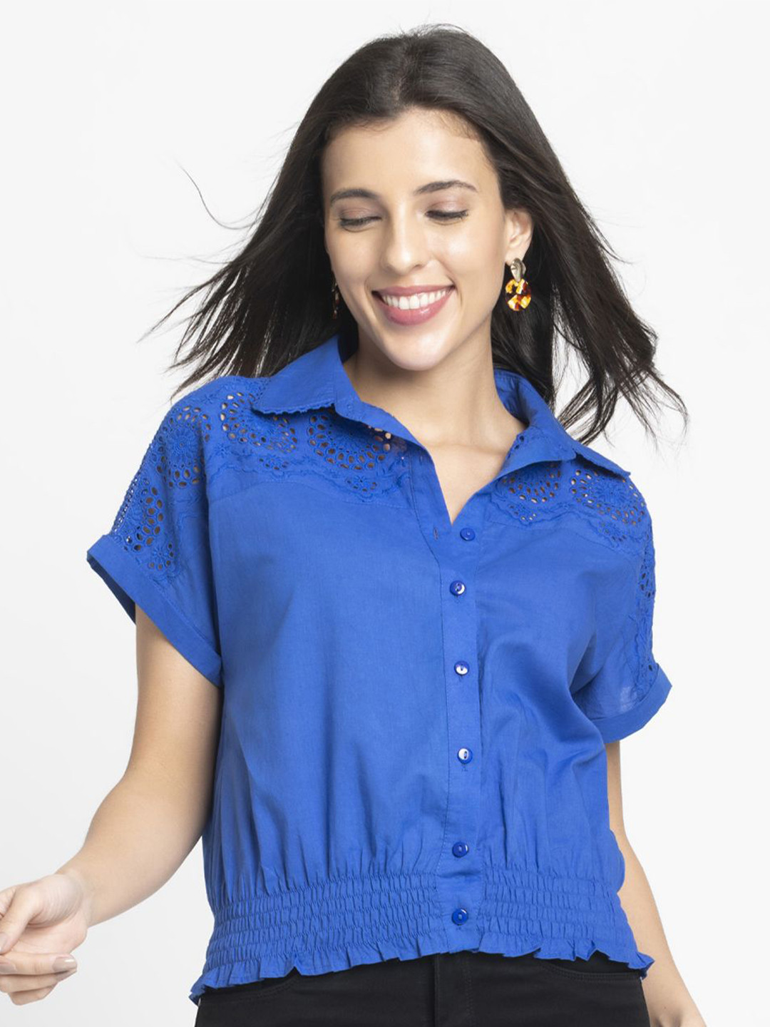 SHAYE Women Self Design Shirt Style Schiffli Cotton Top