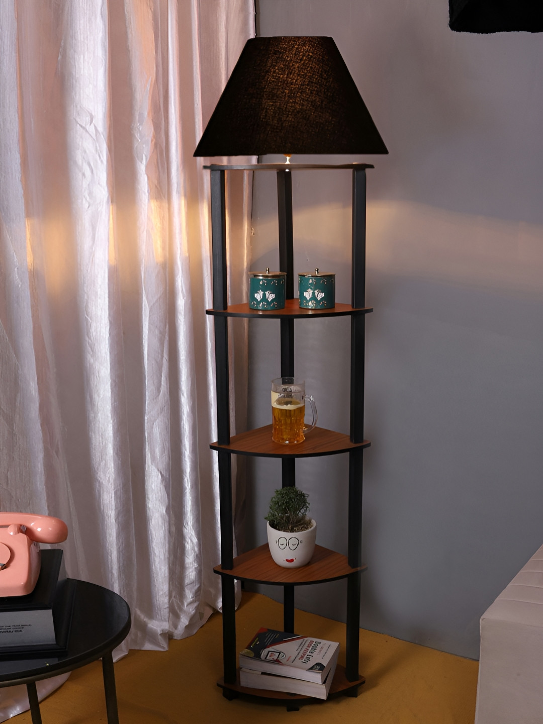 Devansh Black & Brown Textured Cotton Conical Wooden Shelf Floor Lamp