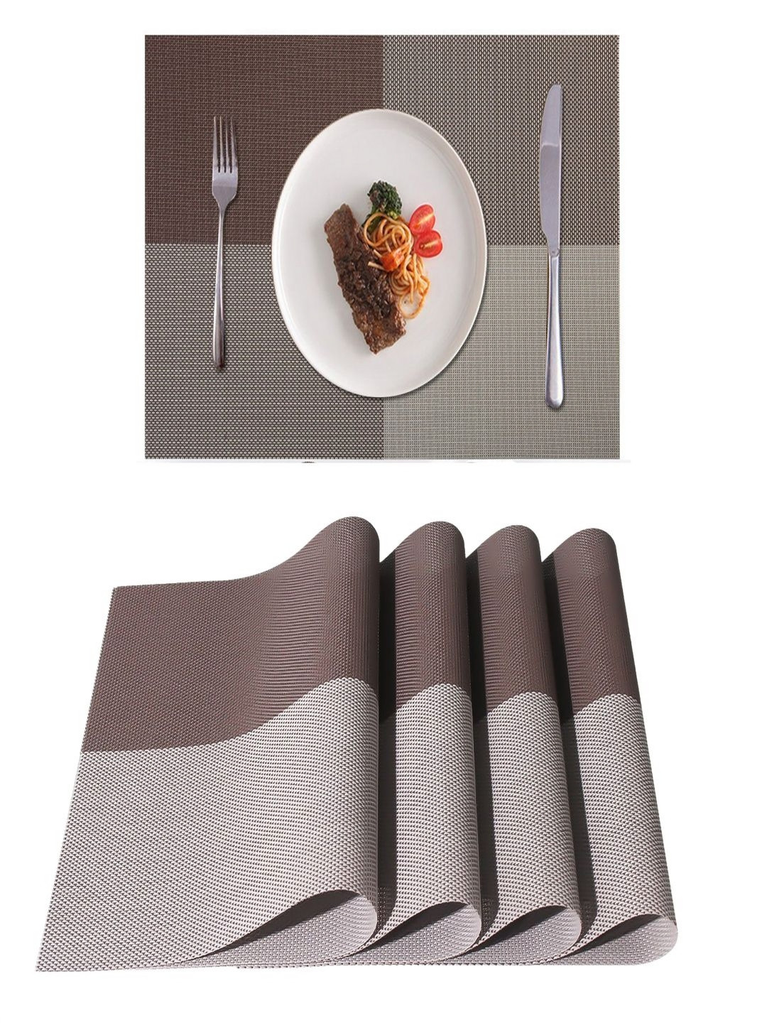 YELONA Brown & White 4 Pieces PVC Heat Resistant Washable Table Placemats