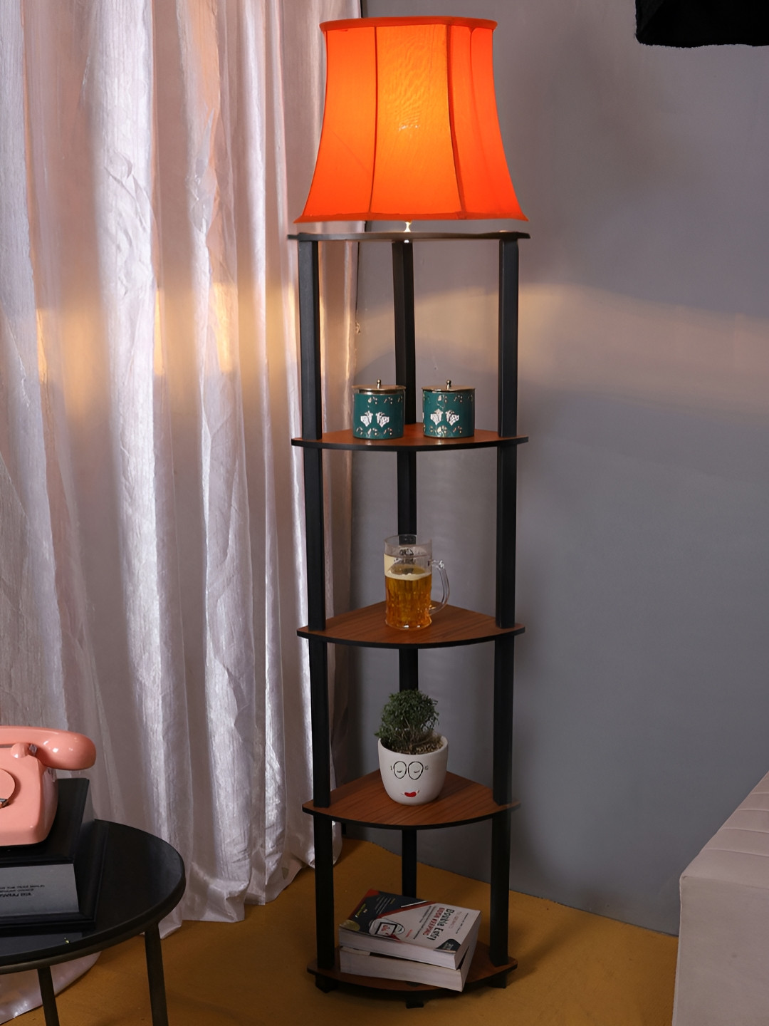 Devansh Orange & Brown Textured Frustum Shaped Wooden Standing Floor Lamp With Shelves