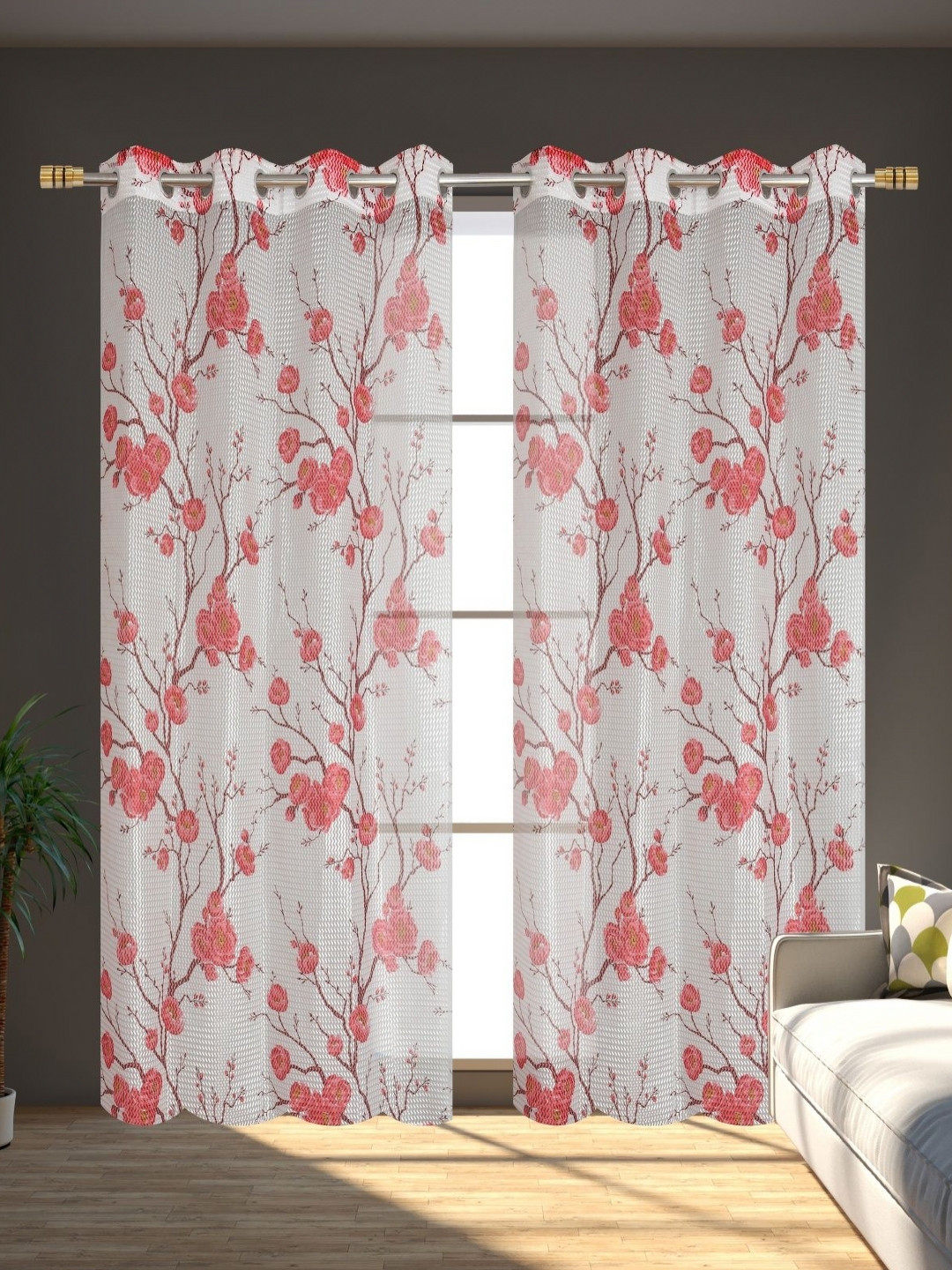 Galaxy Home Decor Maroon& Transparent2 Pieces Floral Printed Sheer Long Door Curtains