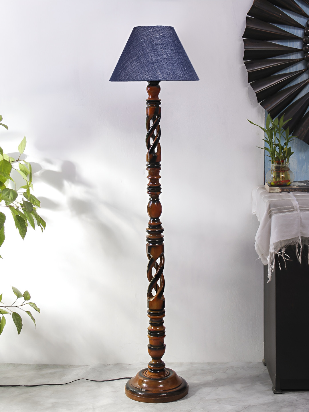 Devansh Blue Jute Open Snake Wooden Floor Lamp