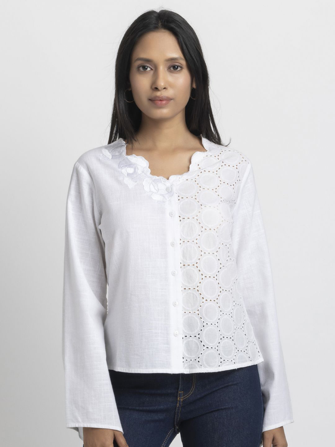 SHAYE Women Self Design Schiffli Shirt Style Cotton Top