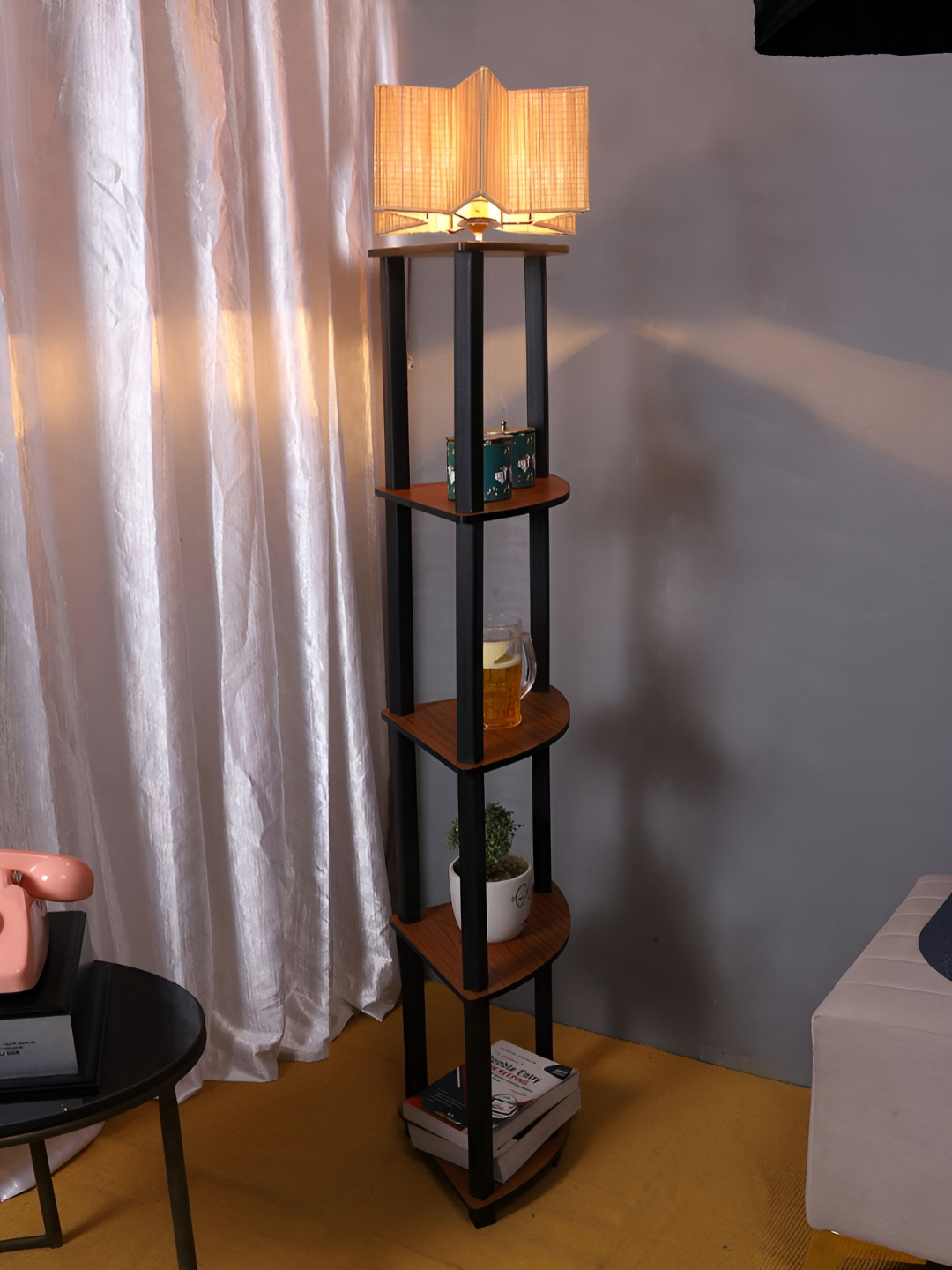 Devansh Beige Bamboo Star Leaf Abstract Shaped Wooden Floor Lamp With Shelves