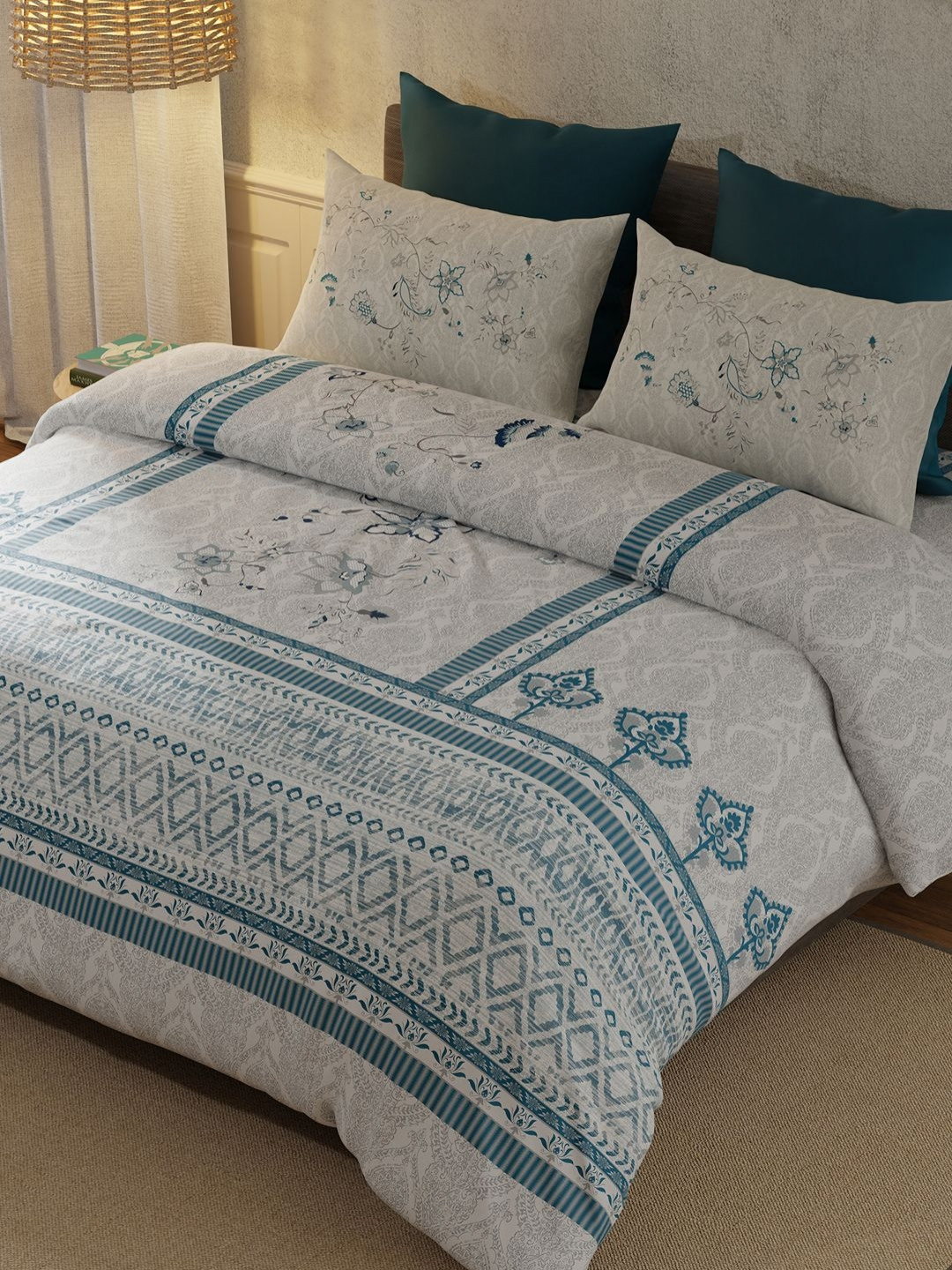 BELLA CASA Tradition Collection Blue Ethnic Motifs Cotton 210 TC King Fine Bedsheet with 2 Pillow Covers-106 x 106 inches