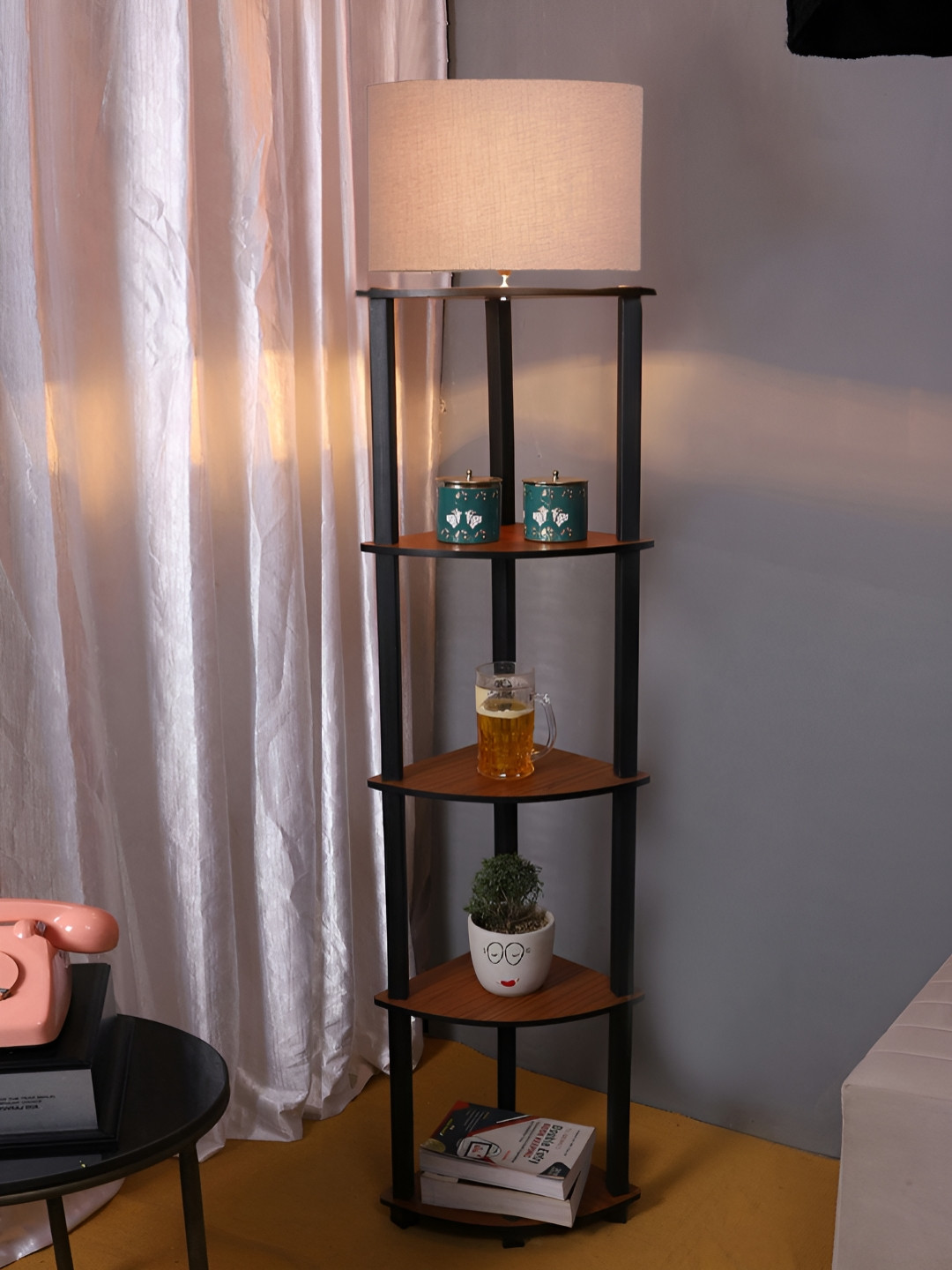 Devansh Grey & Black Cotton Wooden Shelf Floor Lamp