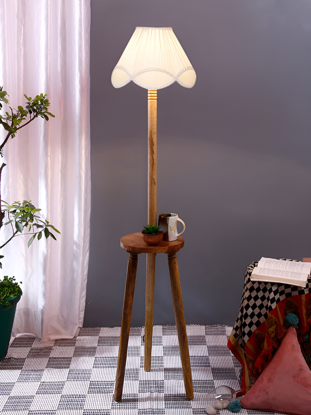 Devansh Brown & White Textured Frustum Shaped Wooden Floor Lamp